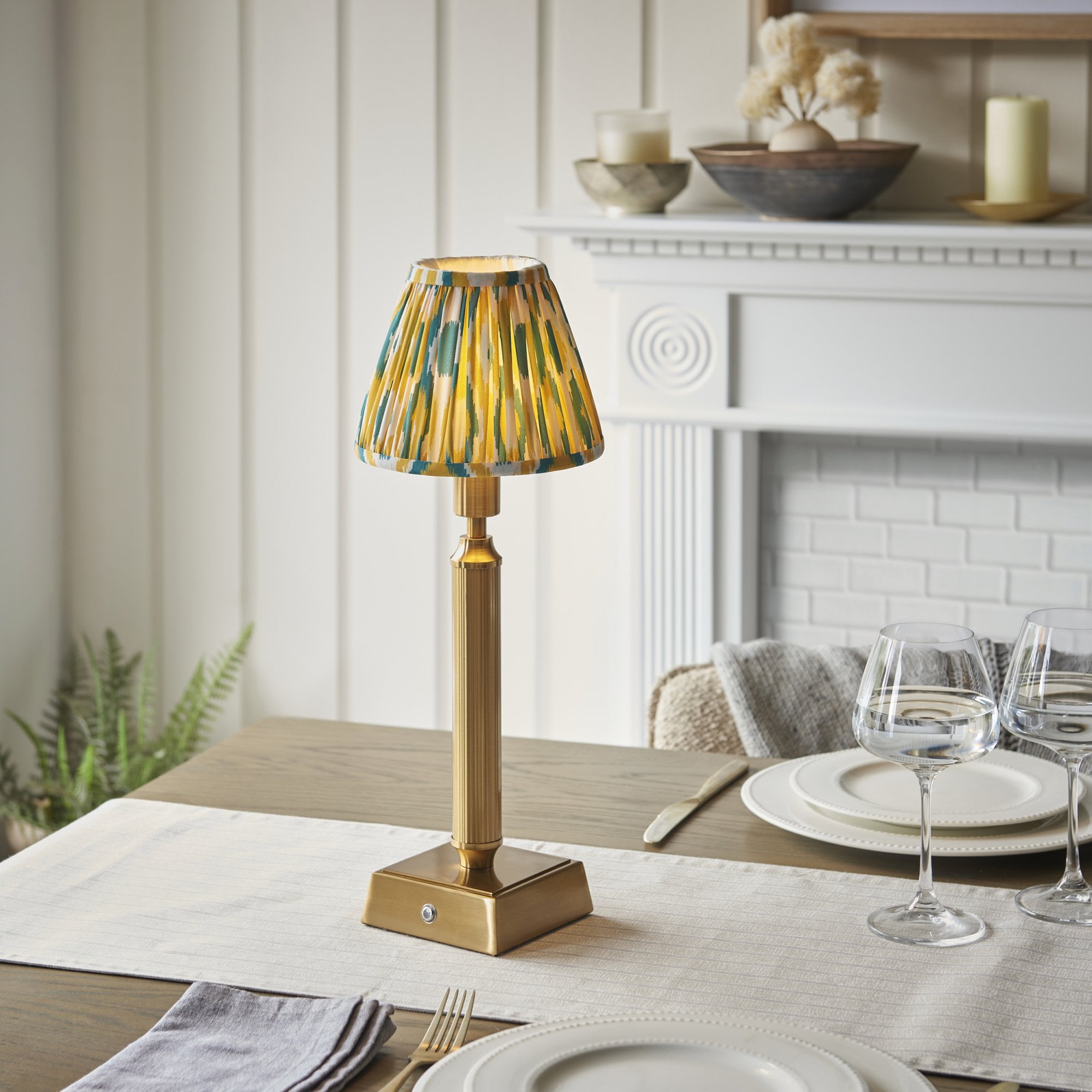Endon Trobridge Rechargeable Table Lamp & Ikat 16cm Yellow & Jade Shade