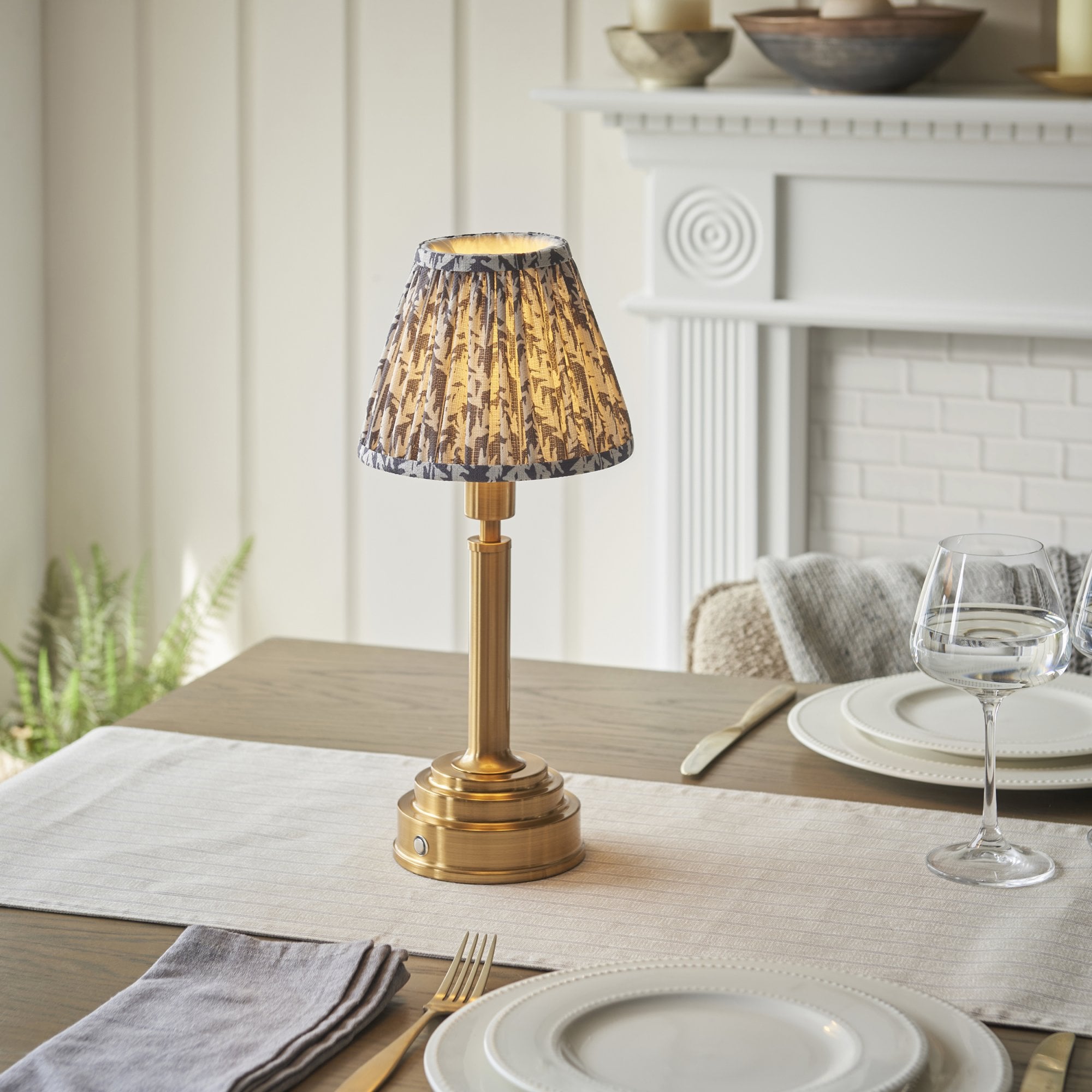 Endon Upton Rechargeable Table Lamp & Leaf 16cm Pearl Grey Shade