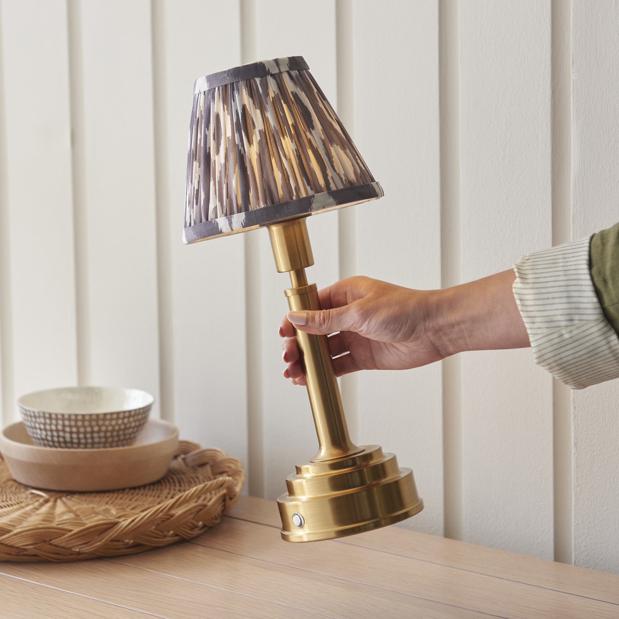 Endon Upton Rechargeable Table Lamp & Ikat 16cm Pearl Grey Shade