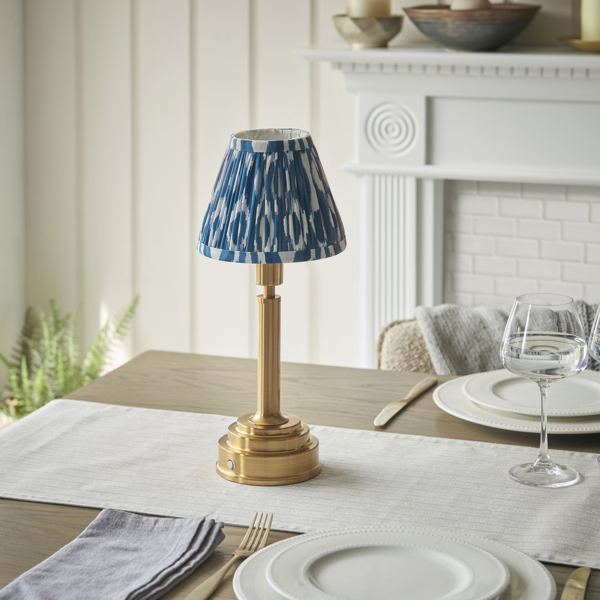 Endon Upton Rechargeable Table Lamp & Ikat 16cm Marlin Blue Shade