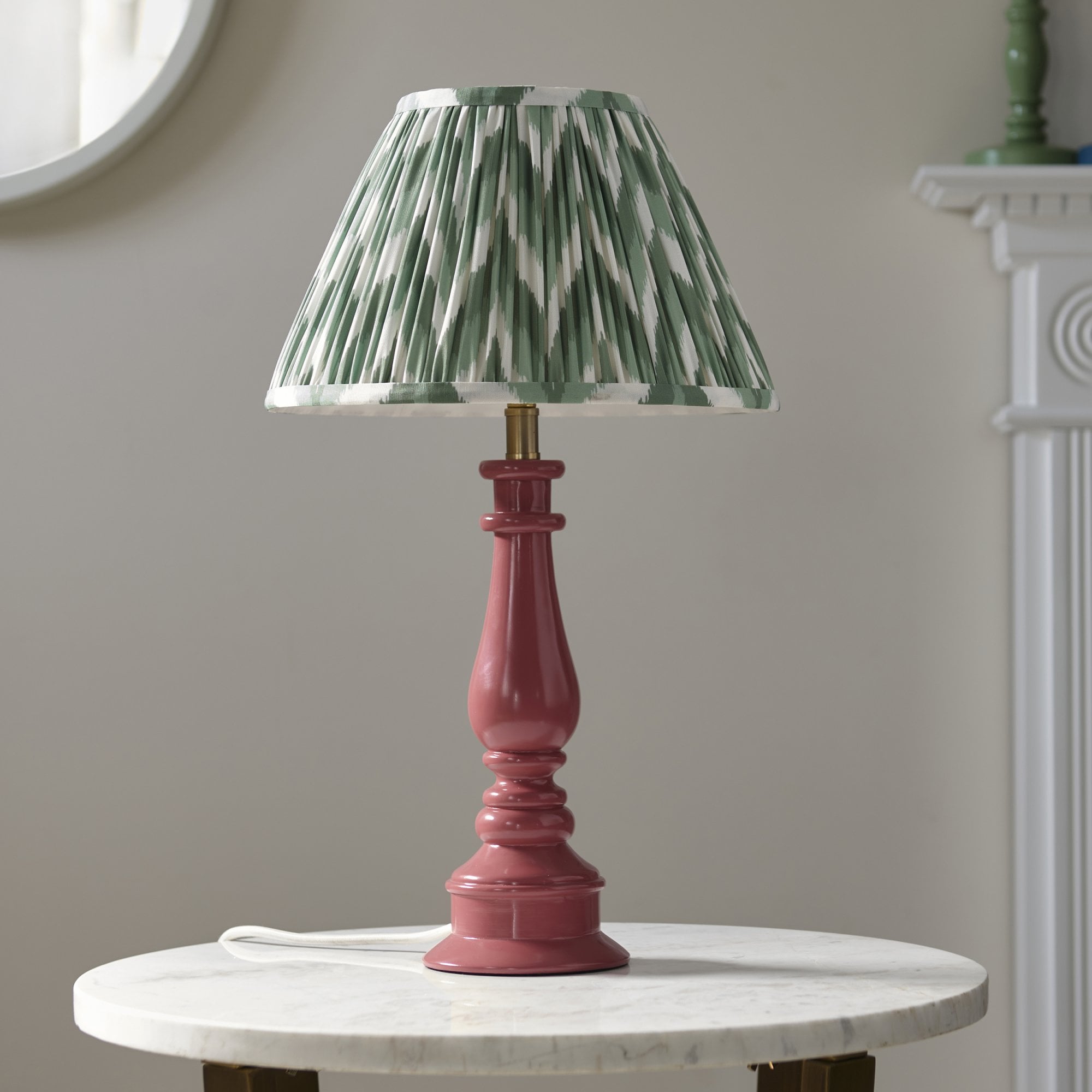 Endon Myrtle Gloss Pink Clay Table Lamp & Zigzag 30cm Cotswold Green Shade