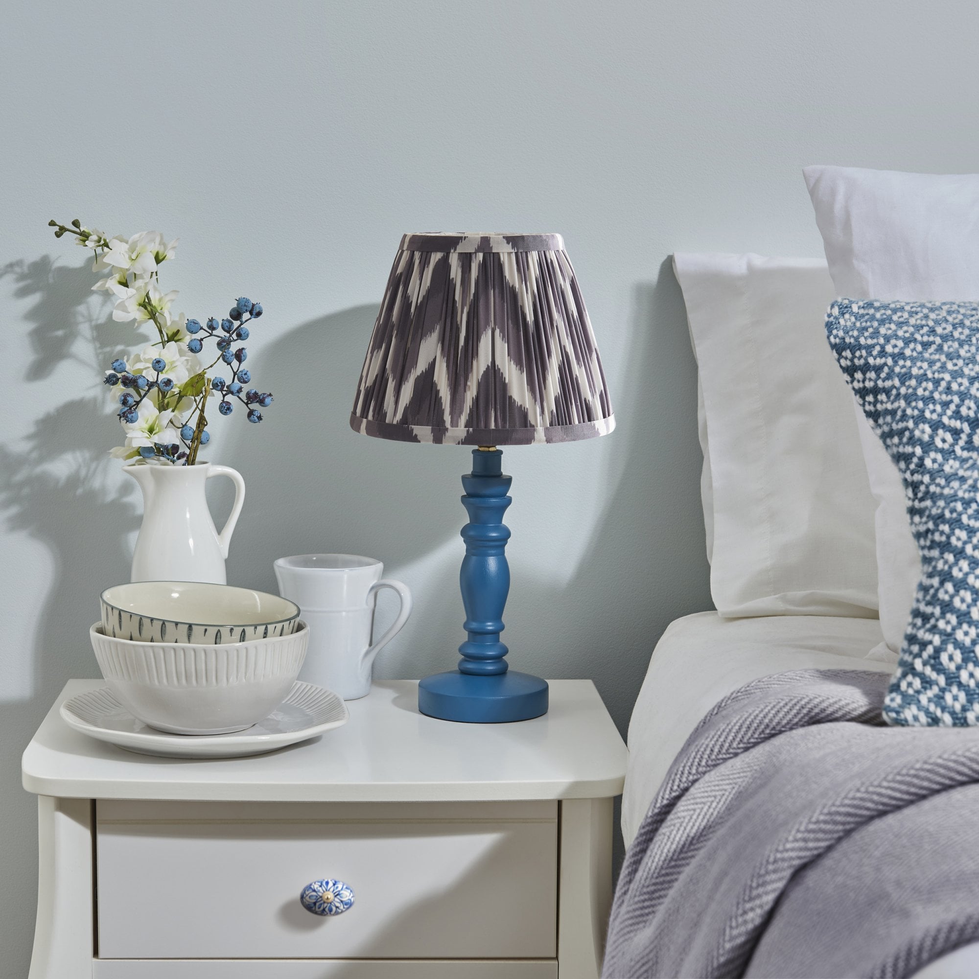 Endon Bibury Satin Marlin Blue Table Lamp & Zigzag 20cm Pearl Grey Shade