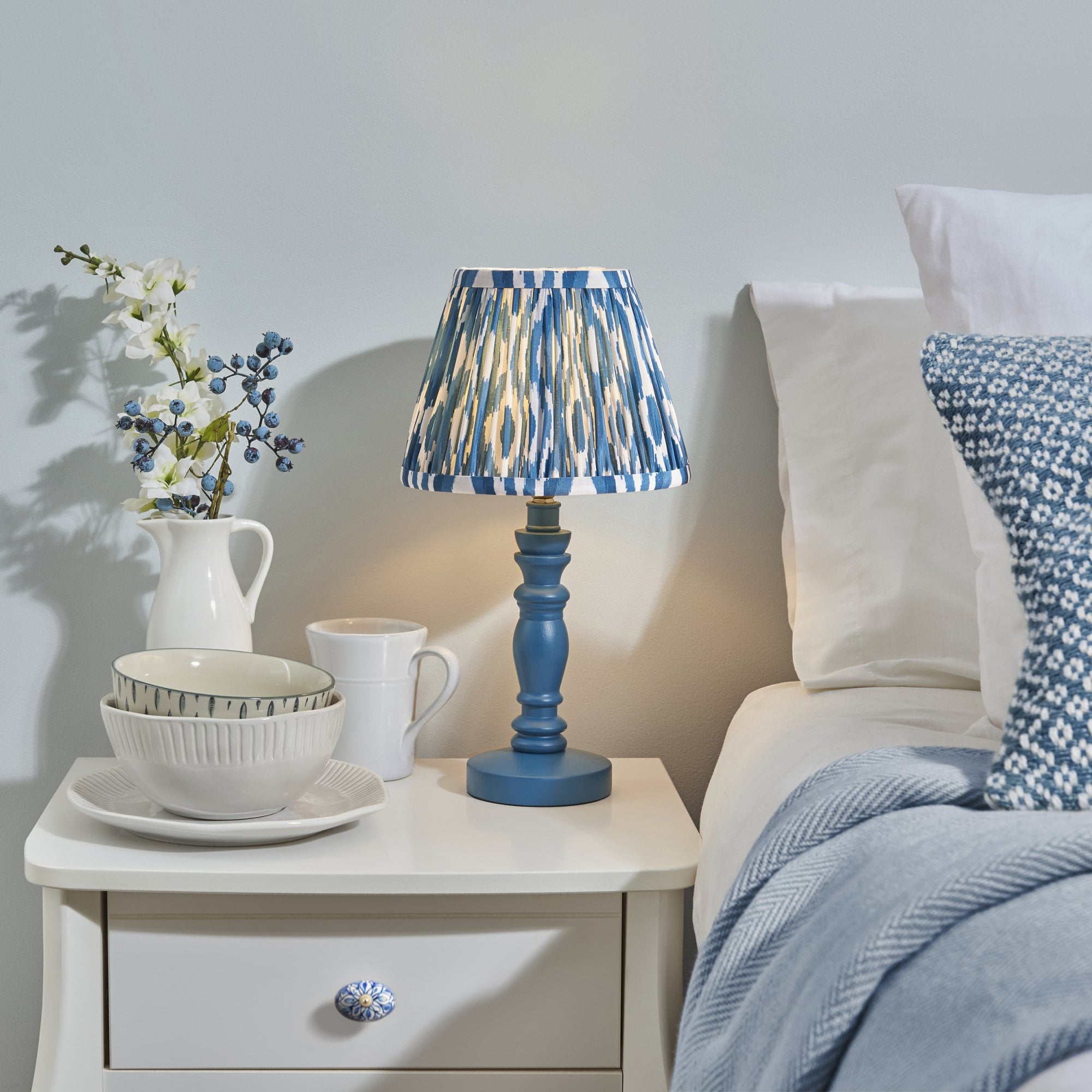 Endon Bibury Satin Marlin Blue Table Lamp & Ikat 20cm Marlin Blue Shade