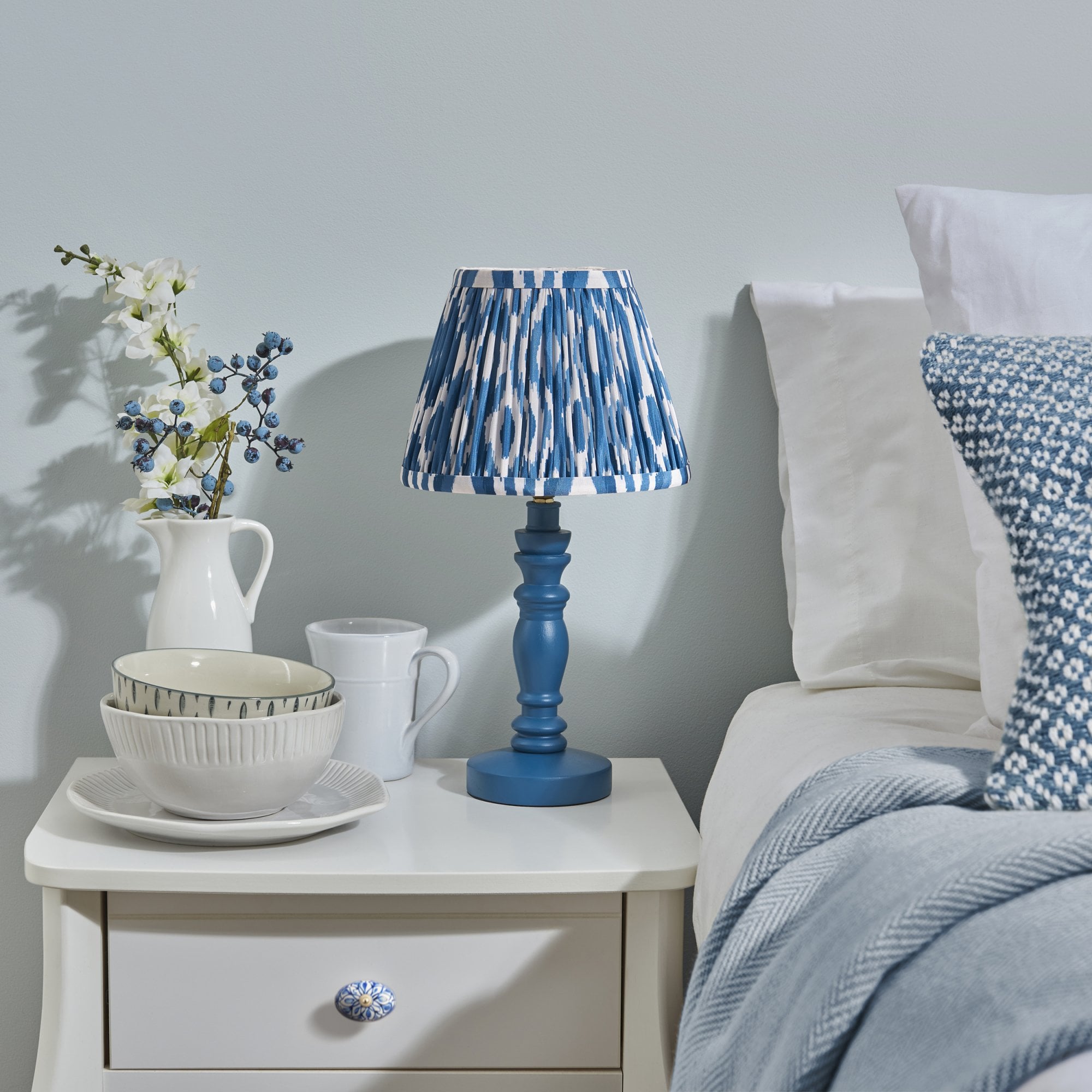 Endon Bibury Satin Marlin Blue Table Lamp & Ikat 20cm Marlin Blue Shade