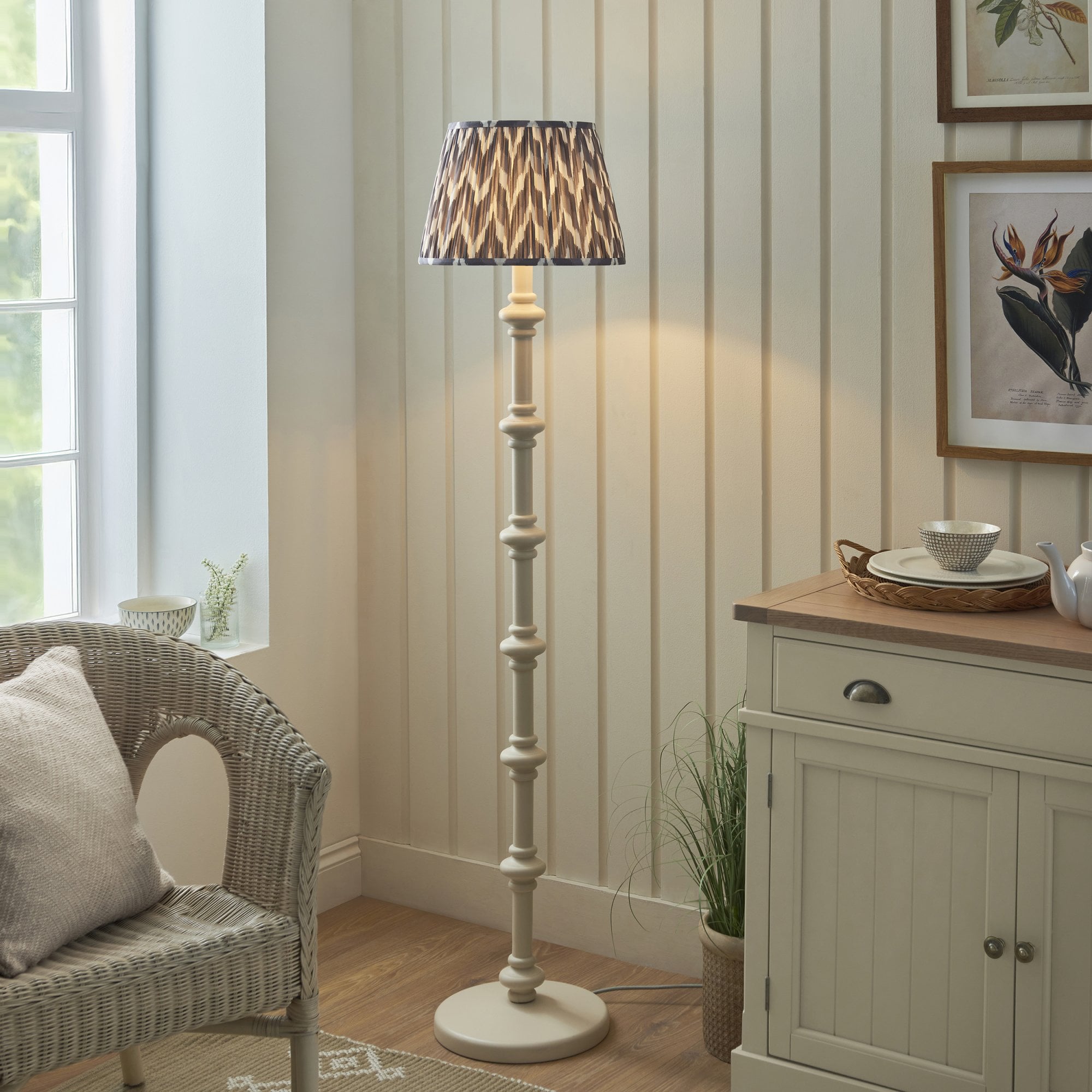 Endon Carnaby Satin Almond White Floor Lamp & Zigzag 35cm Pearl Grey Shade