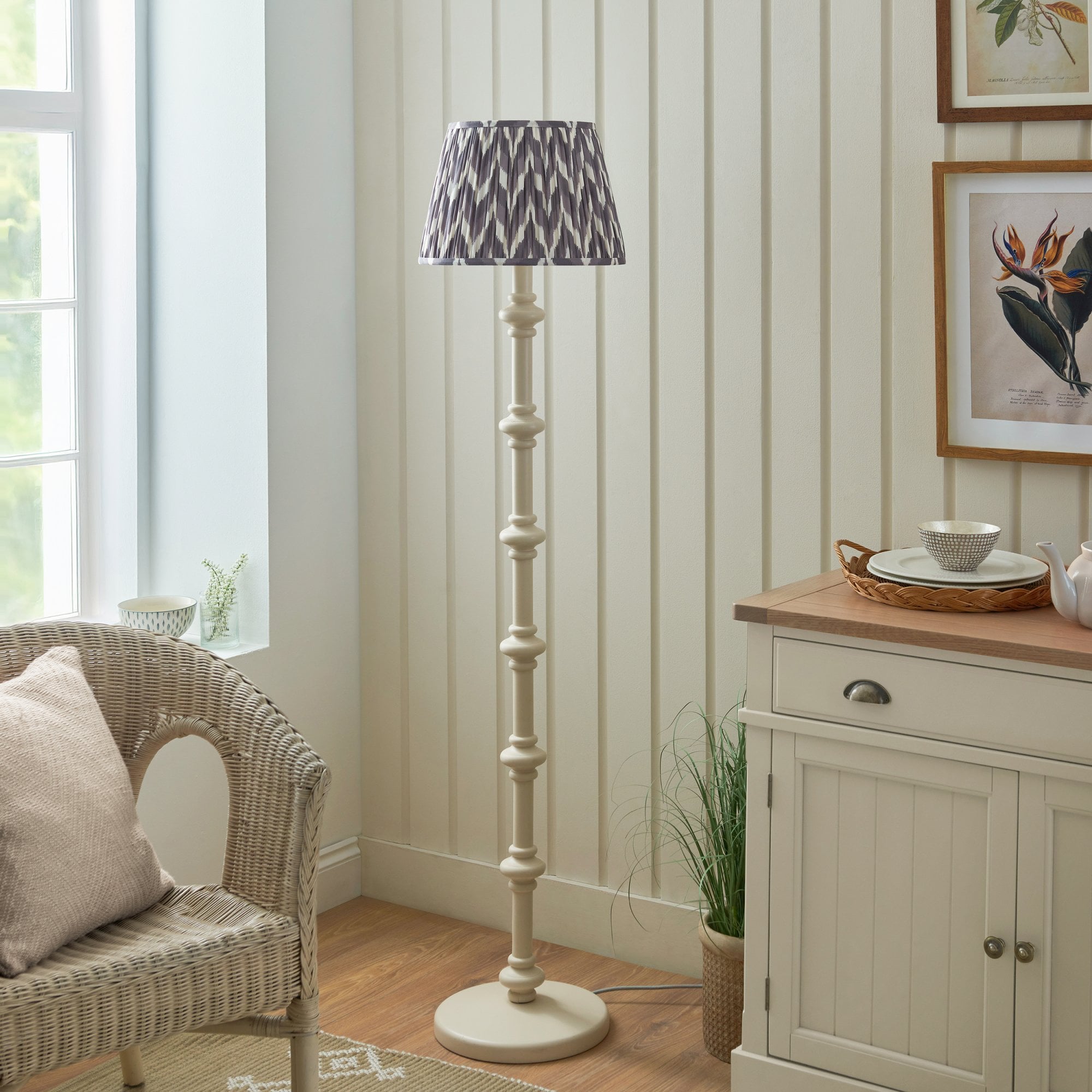 Endon Carnaby Satin Almond White Floor Lamp & Zigzag 35cm Pearl Grey Shade