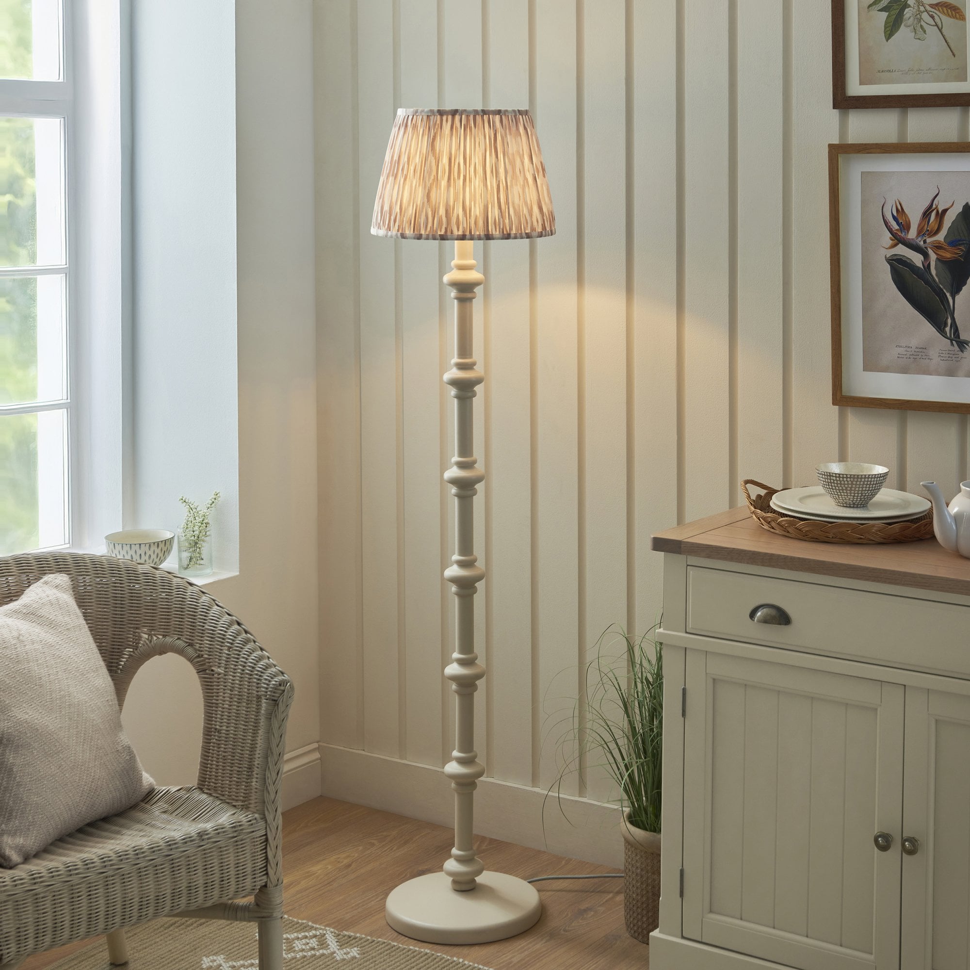 Endon Carnaby Satin Almond White Floor Lamp & Ikat 35cm Neutral Shade