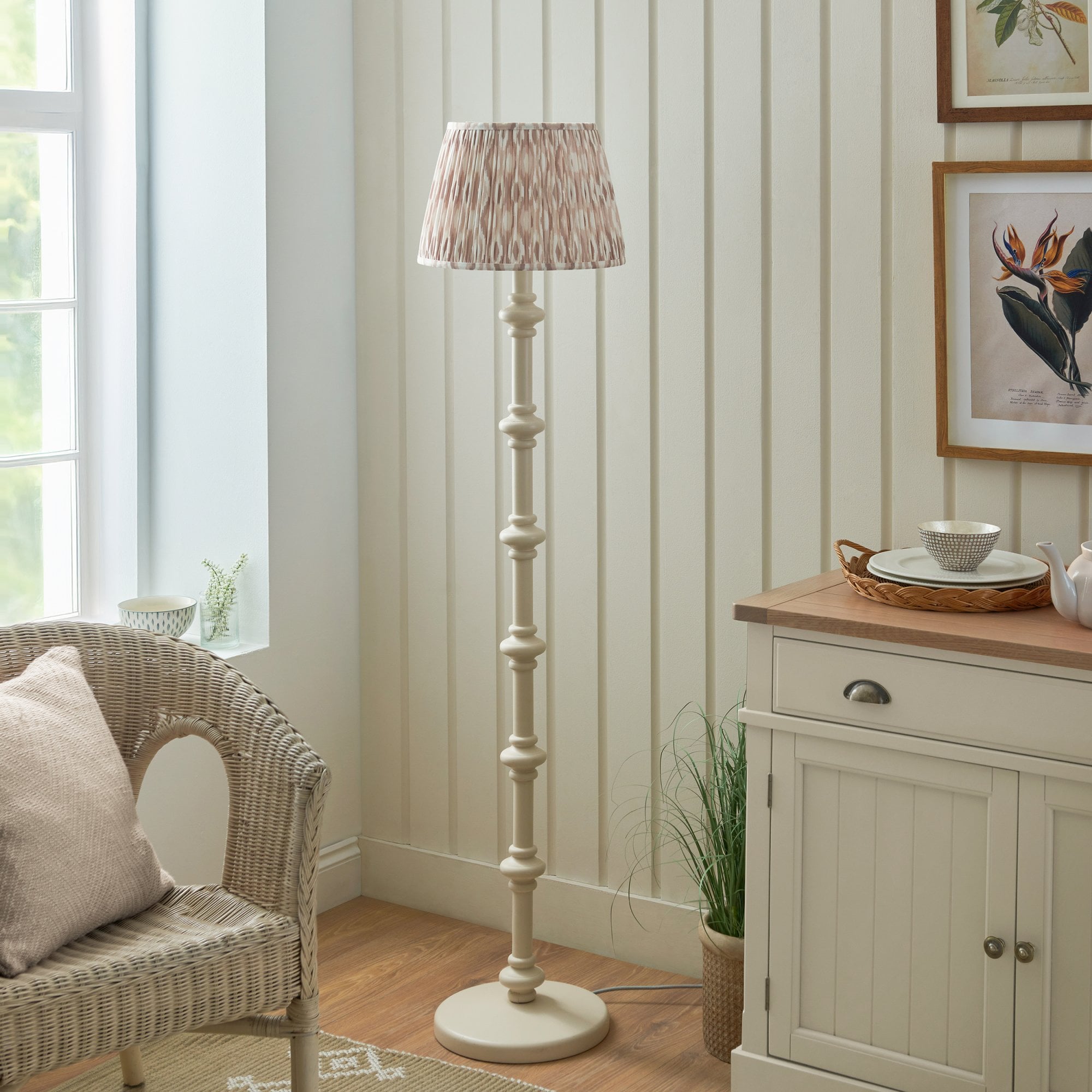 Endon Carnaby Satin Almond White Floor Lamp & Ikat 35cm Neutral Shade