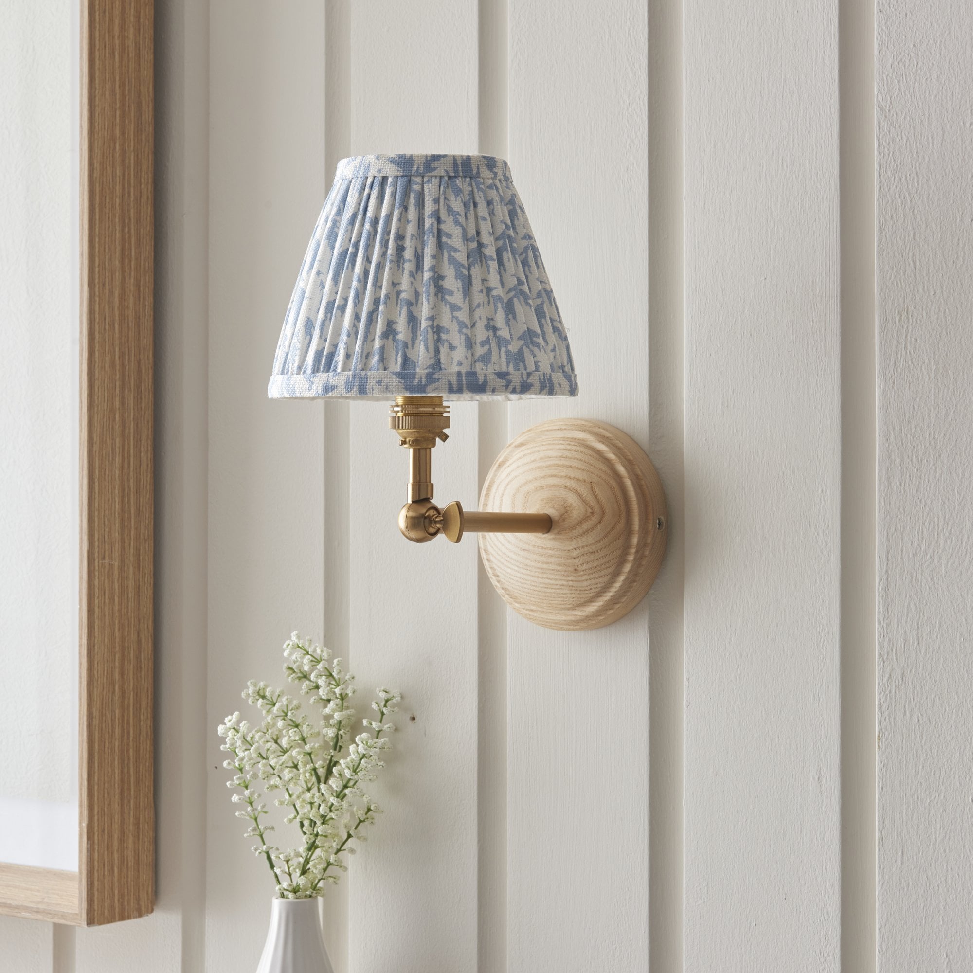 Endon Wood Wing Wall Light & Leaf 16cm Shell Bay Blue Shade