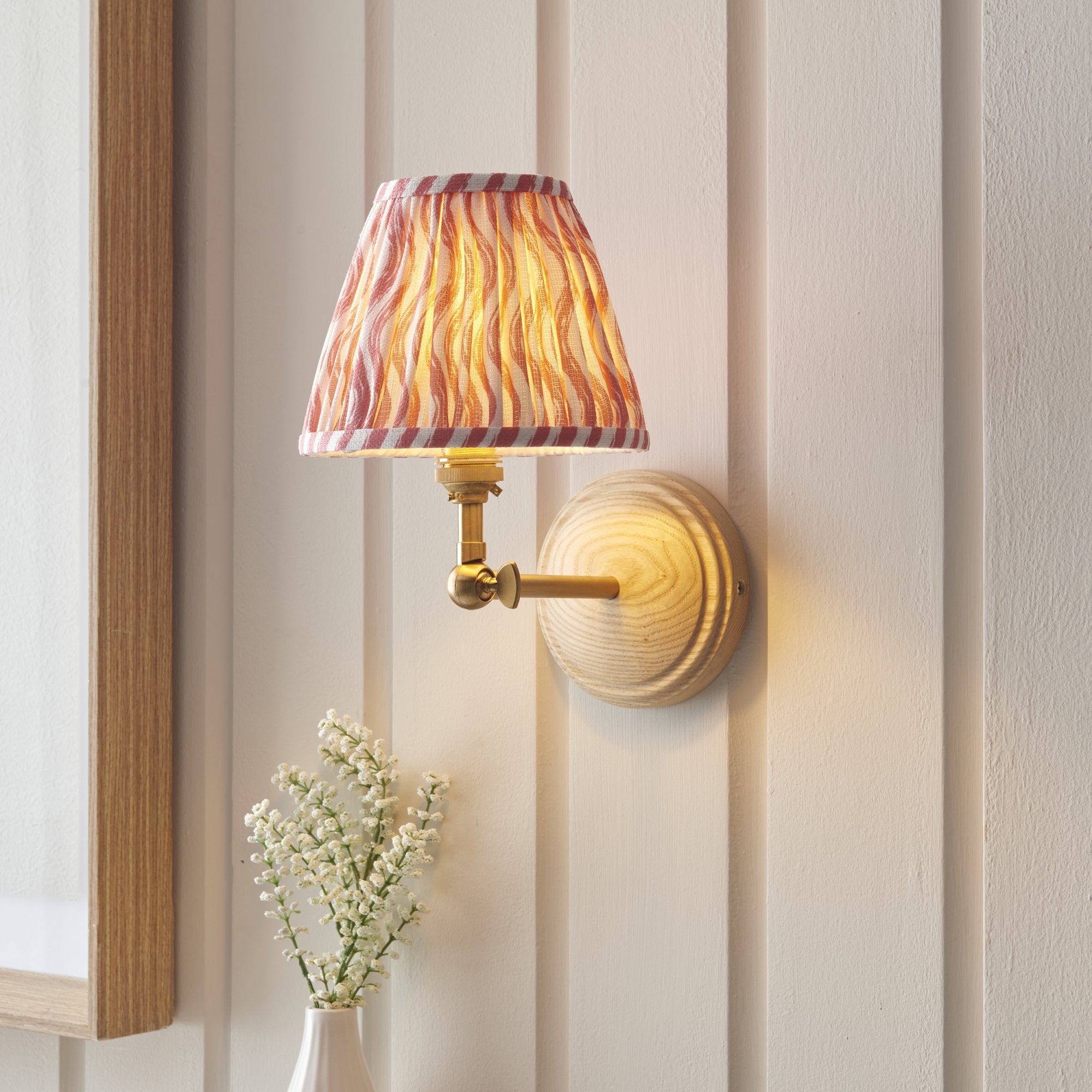 Endon Wood Wing Wall Light & Ripple 16cm Coral Pink Shade