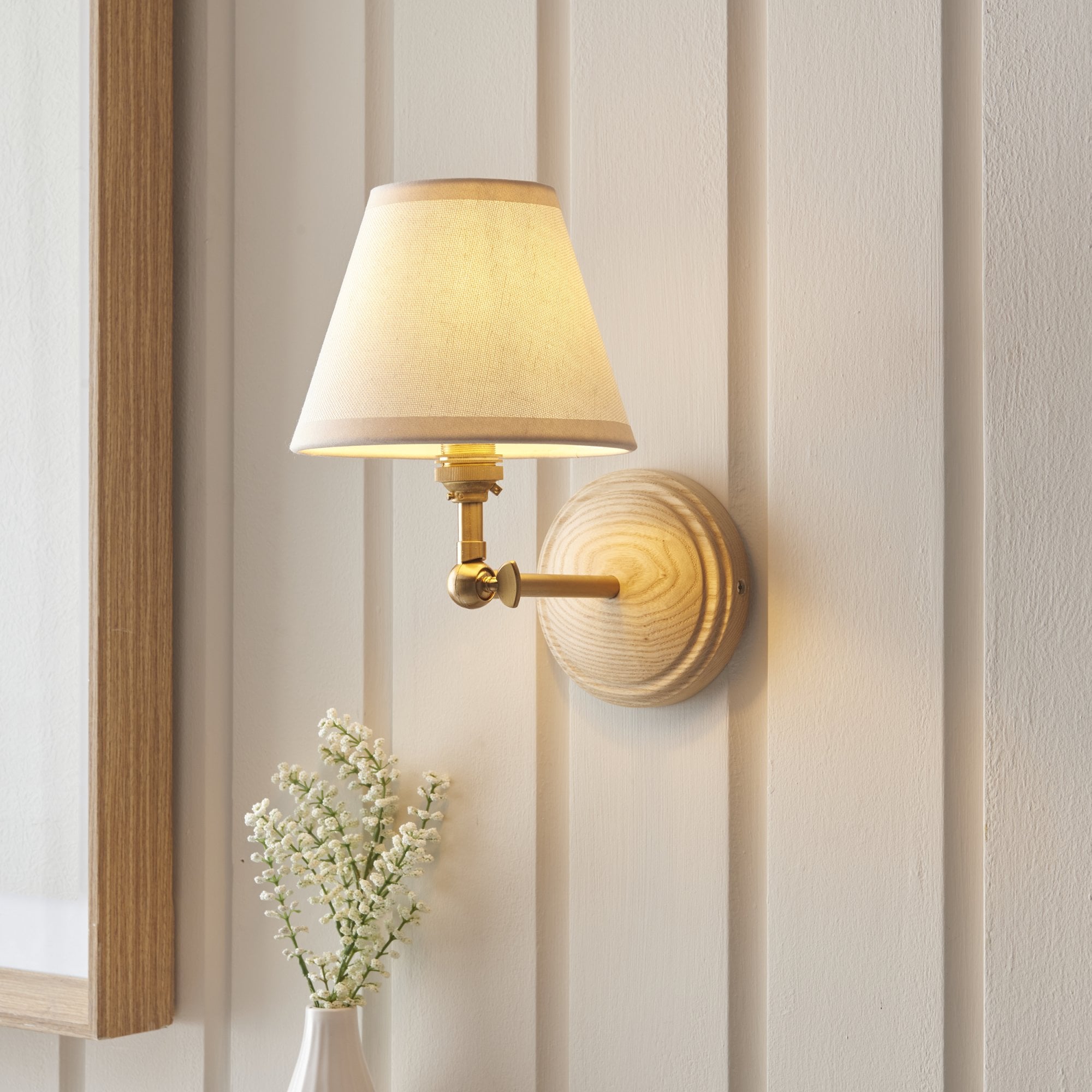 Endon Wood Wing Wall Light & Ivy 16cm Vintage White Shade