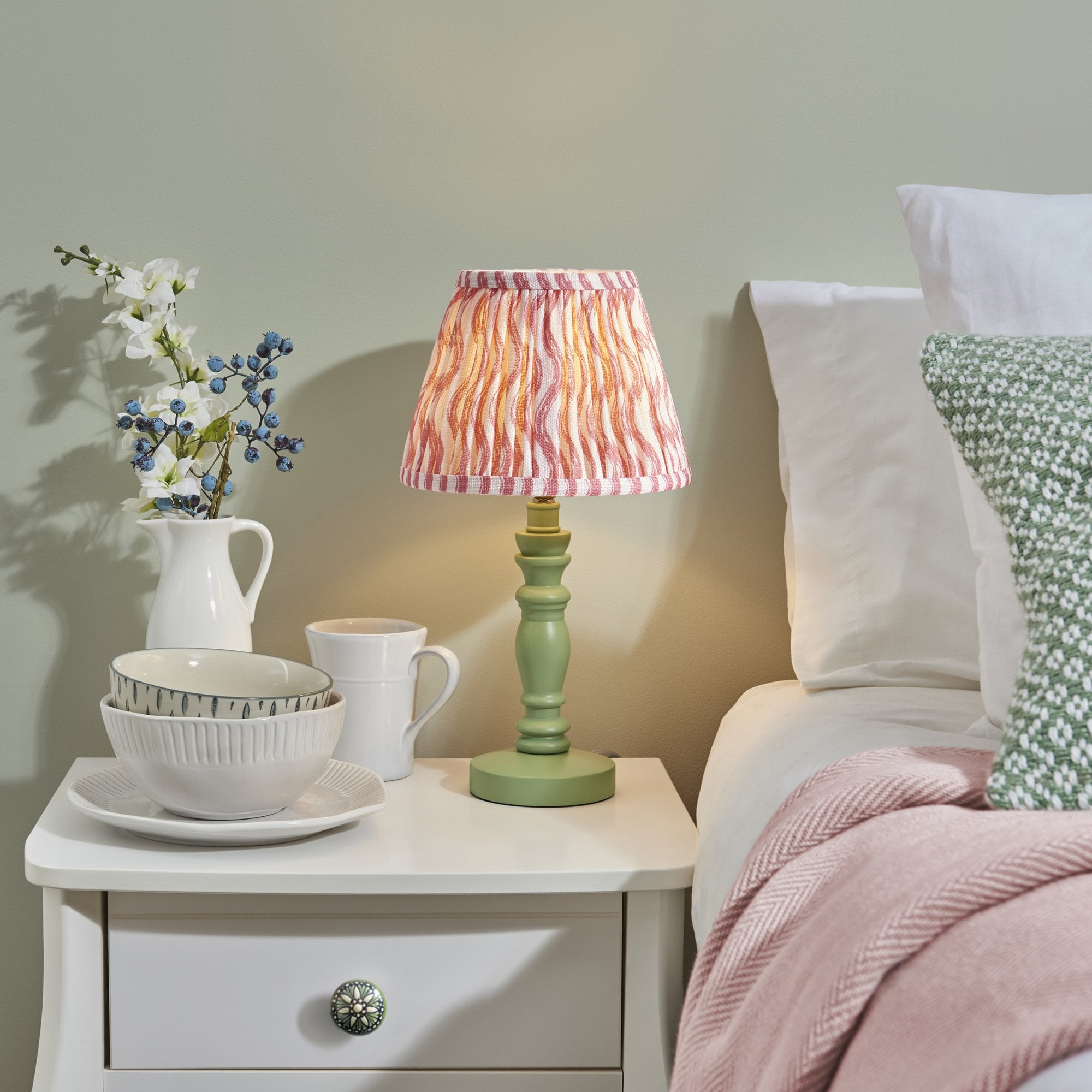 Endon Bibury Satin Cotswold Green Table Lamp & Ripple 20cm Coral Pink Shade