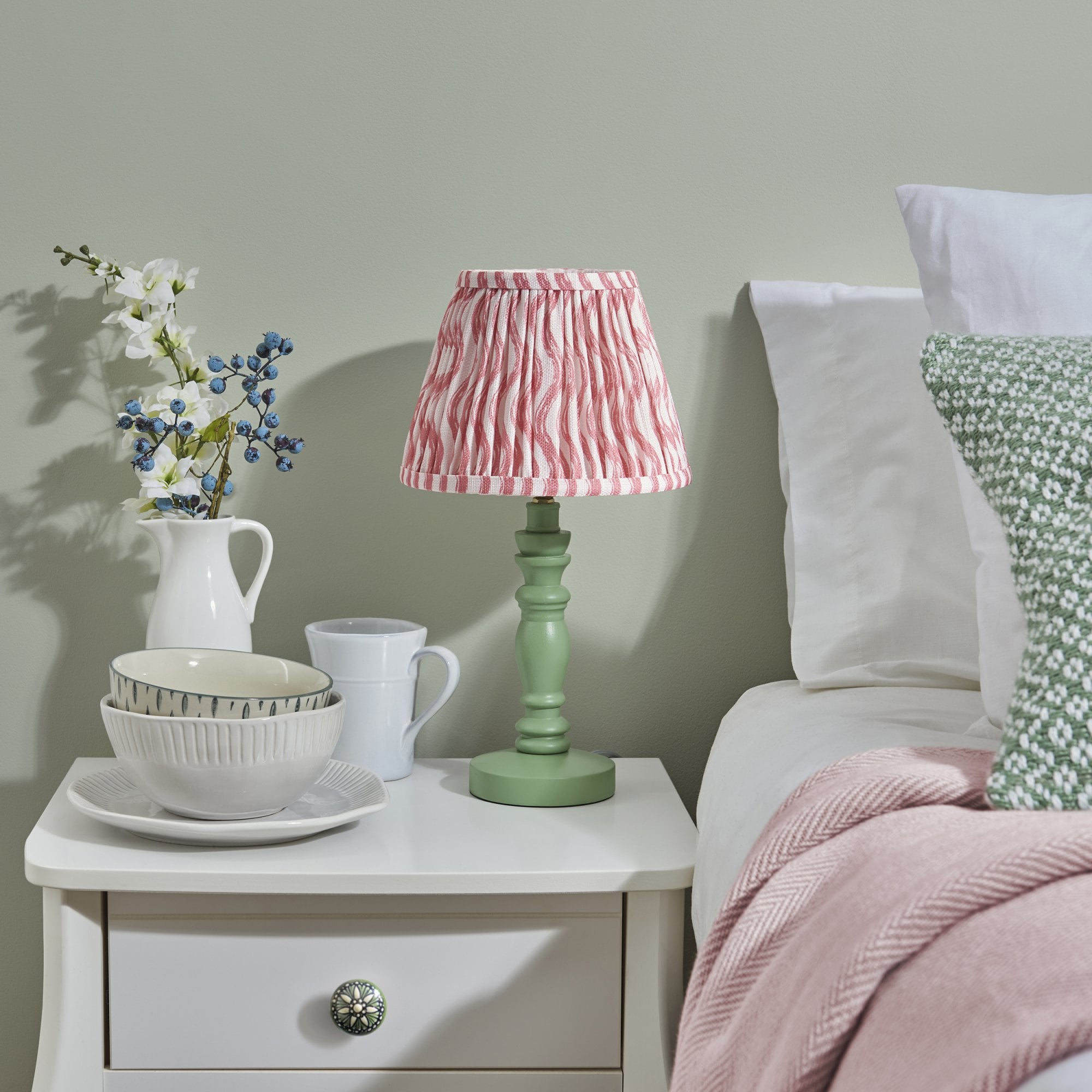 Endon Bibury Satin Cotswold Green Table Lamp & Ripple 20cm Coral Pink Shade