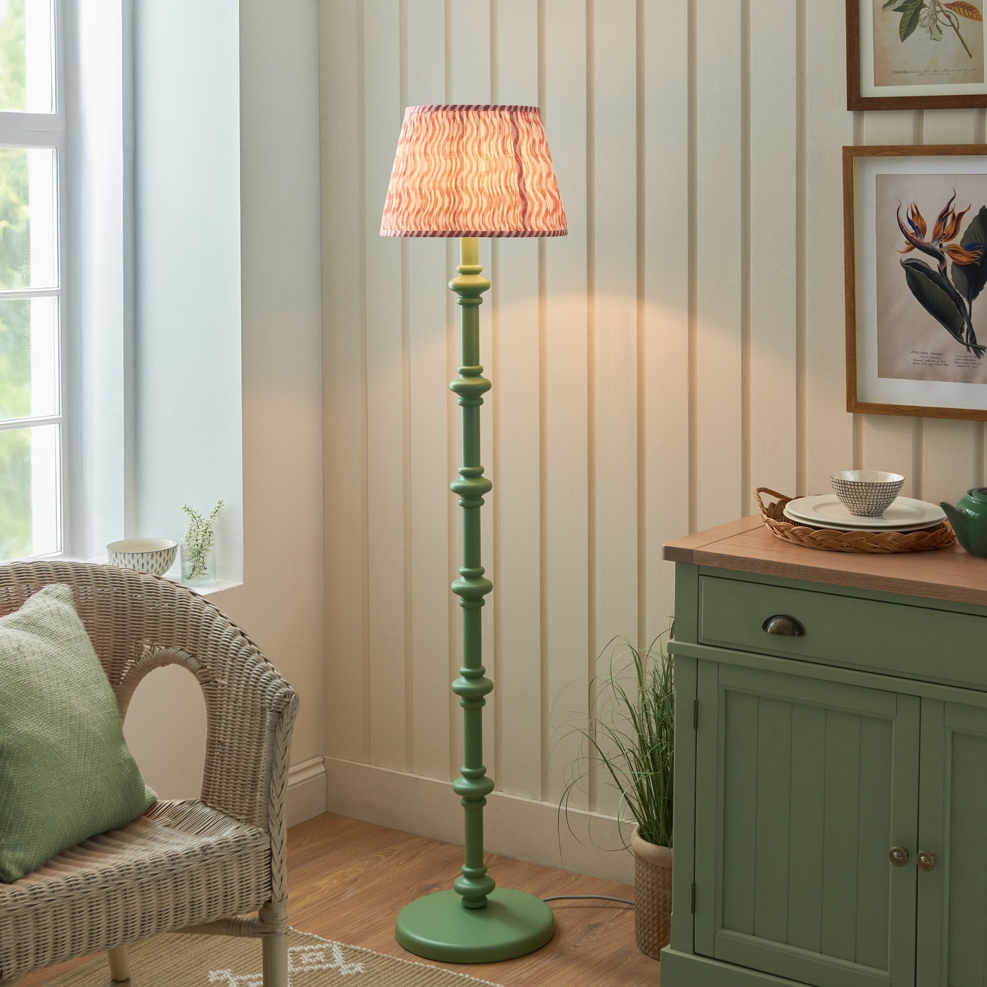 Endon Carnaby Satin Cotswold Green Floor Lamp & Ripple 35cm Coral Pink Shade