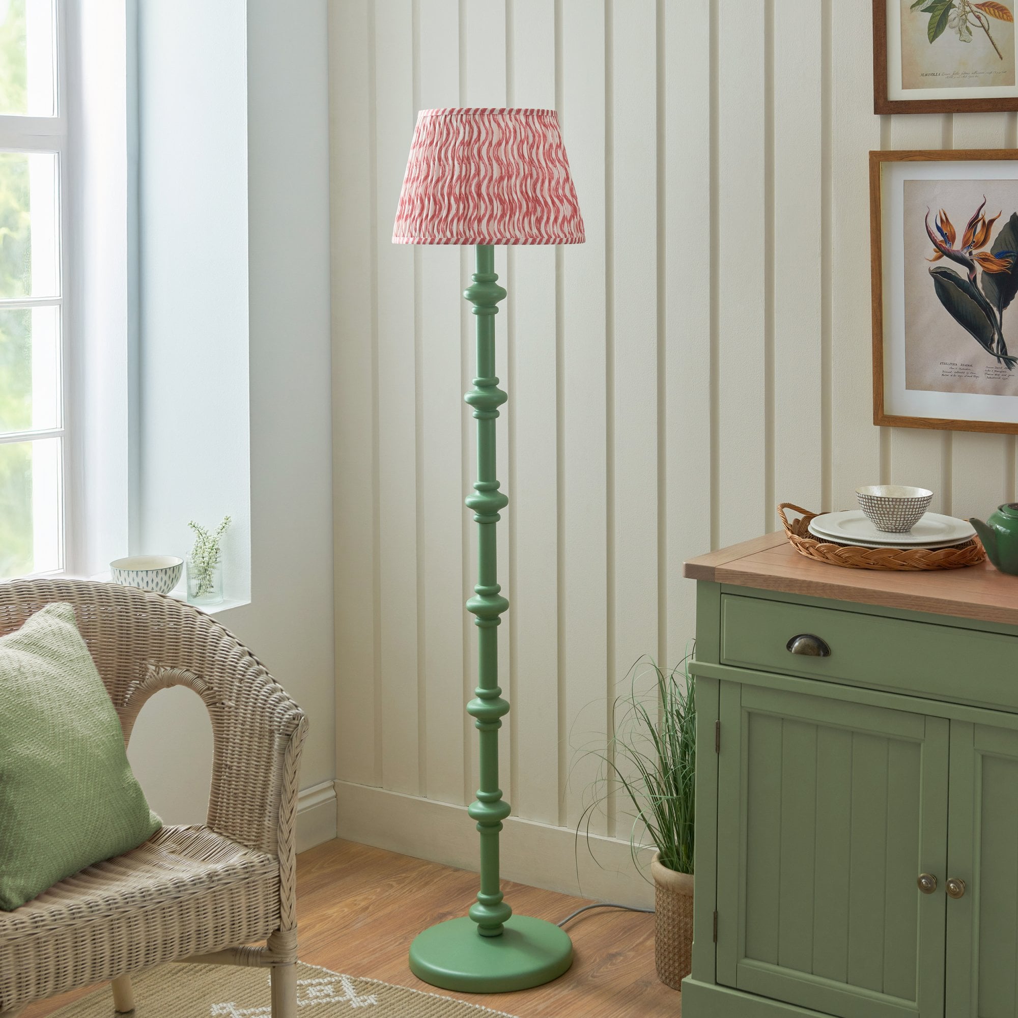 Endon Carnaby Satin Cotswold Green Floor Lamp & Ripple 35cm Coral Pink Shade