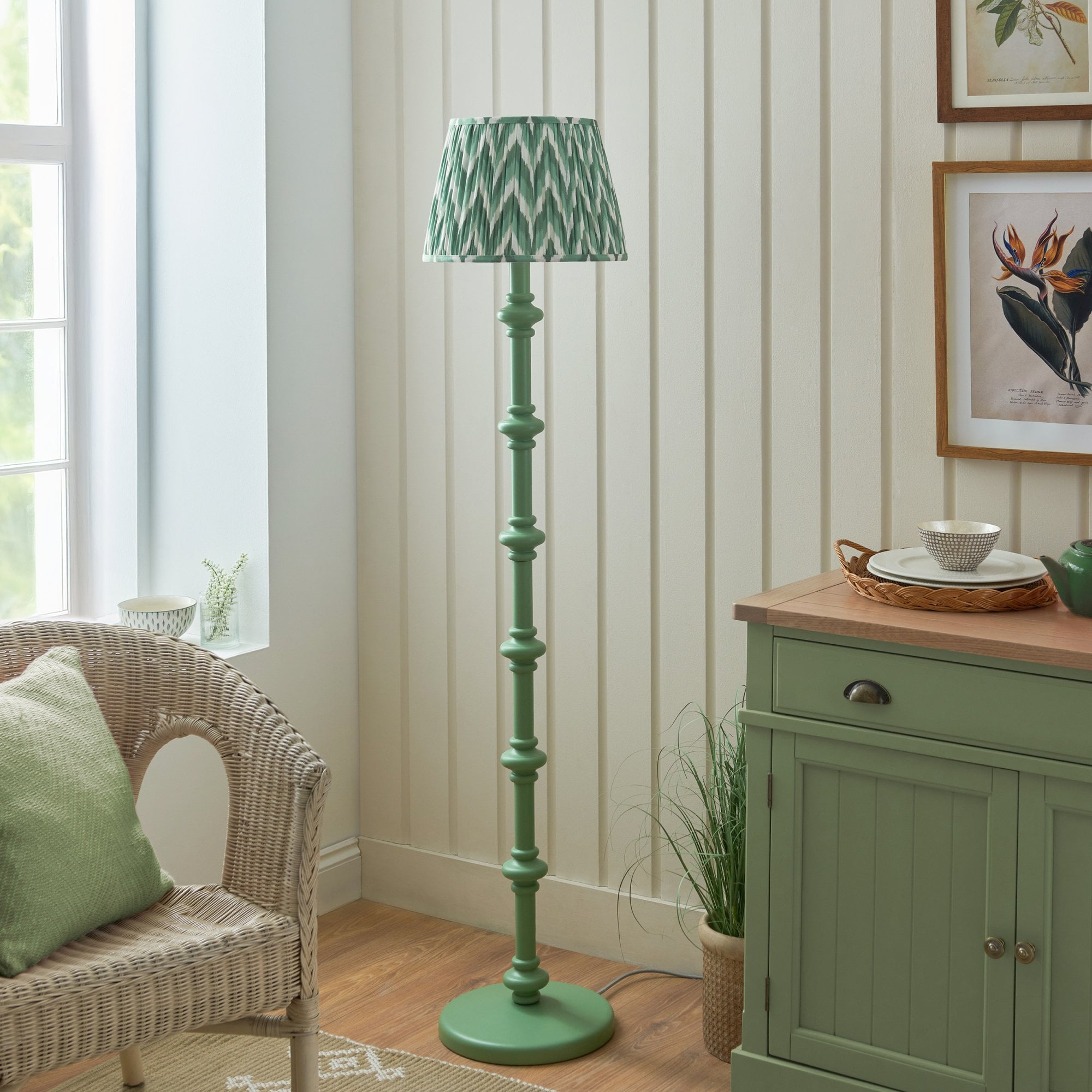 Endon Carnaby Satin Cotswold Green Floor Lamp & Zigzag 35cm Cotswold Green Shade