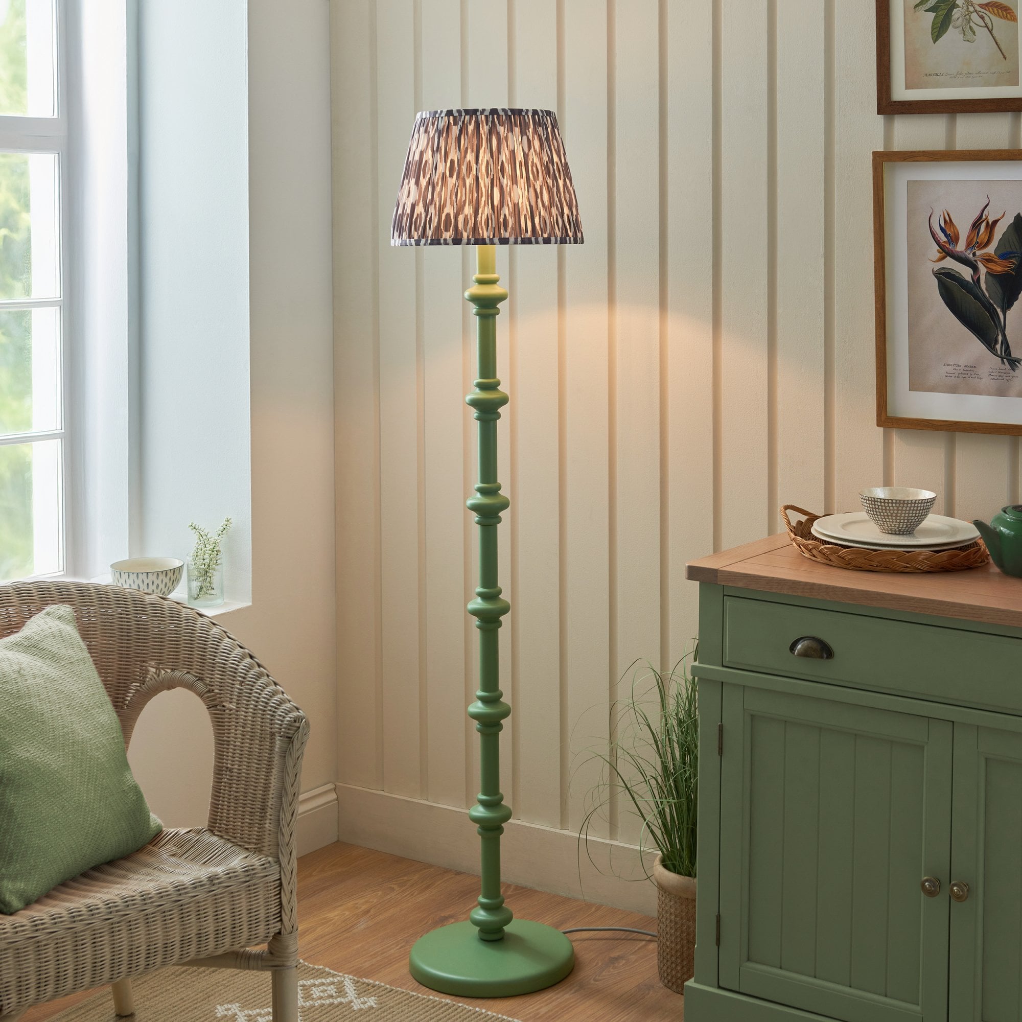 Endon Carnaby Satin Cotswold Green Floor Lamp & Ikat 35cm Pearl Grey Shade