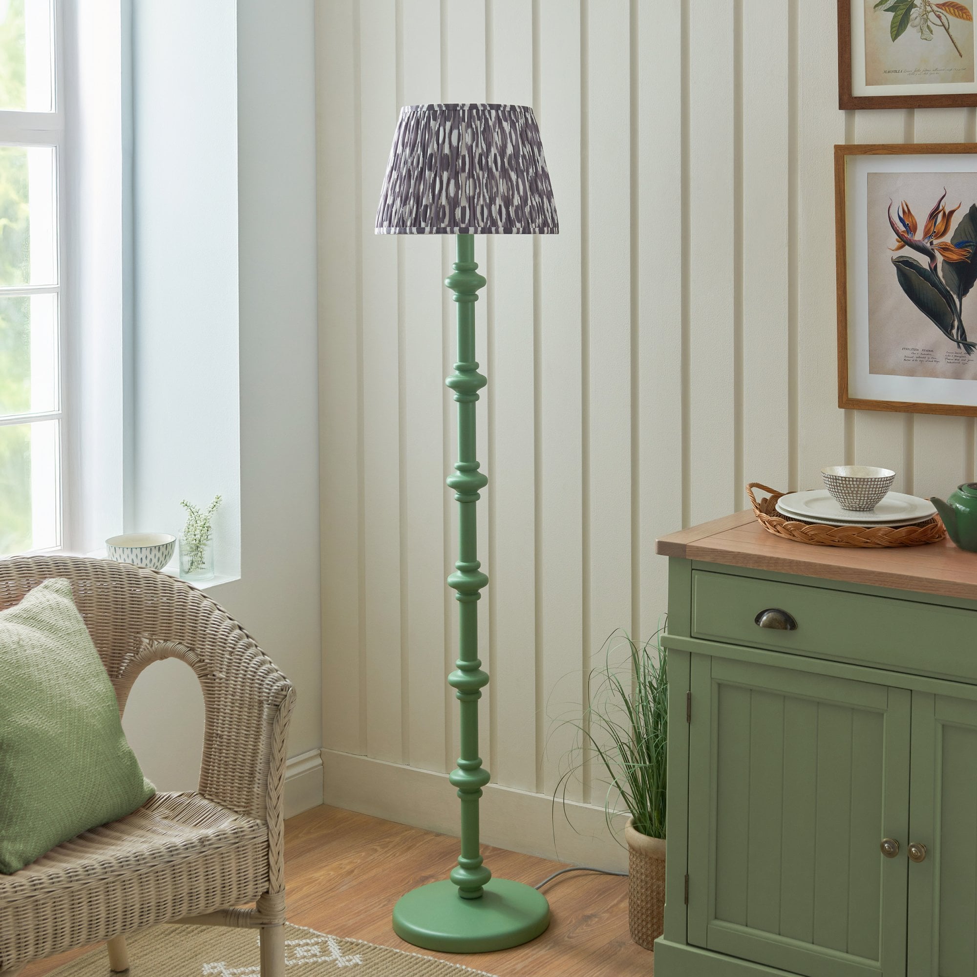 Endon Carnaby Satin Cotswold Green Floor Lamp & Ikat 35cm Pearl Grey Shade