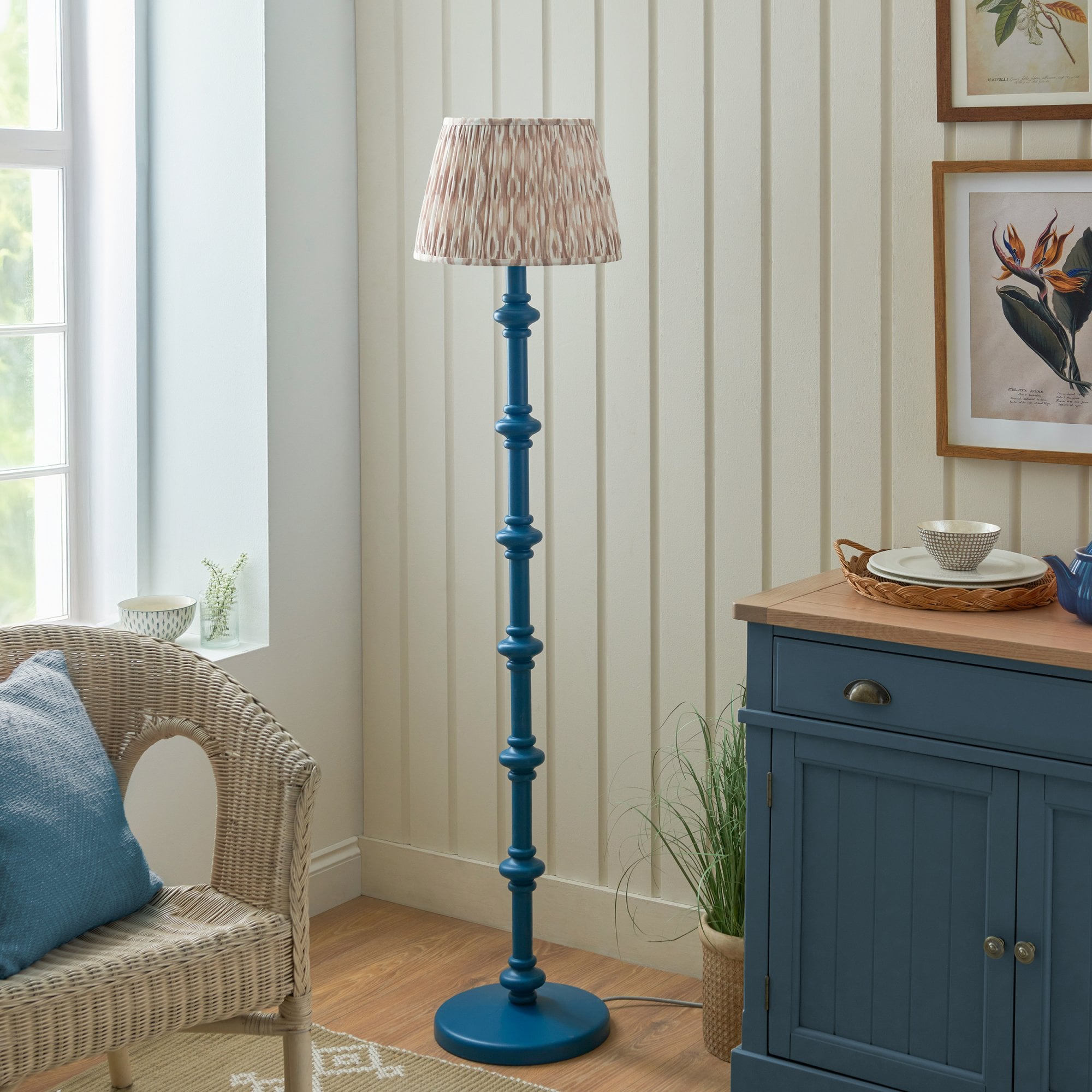 Endon Carnaby Satin Marlin Blue Floor Lamp & Ikat 35cm Neutral Shade