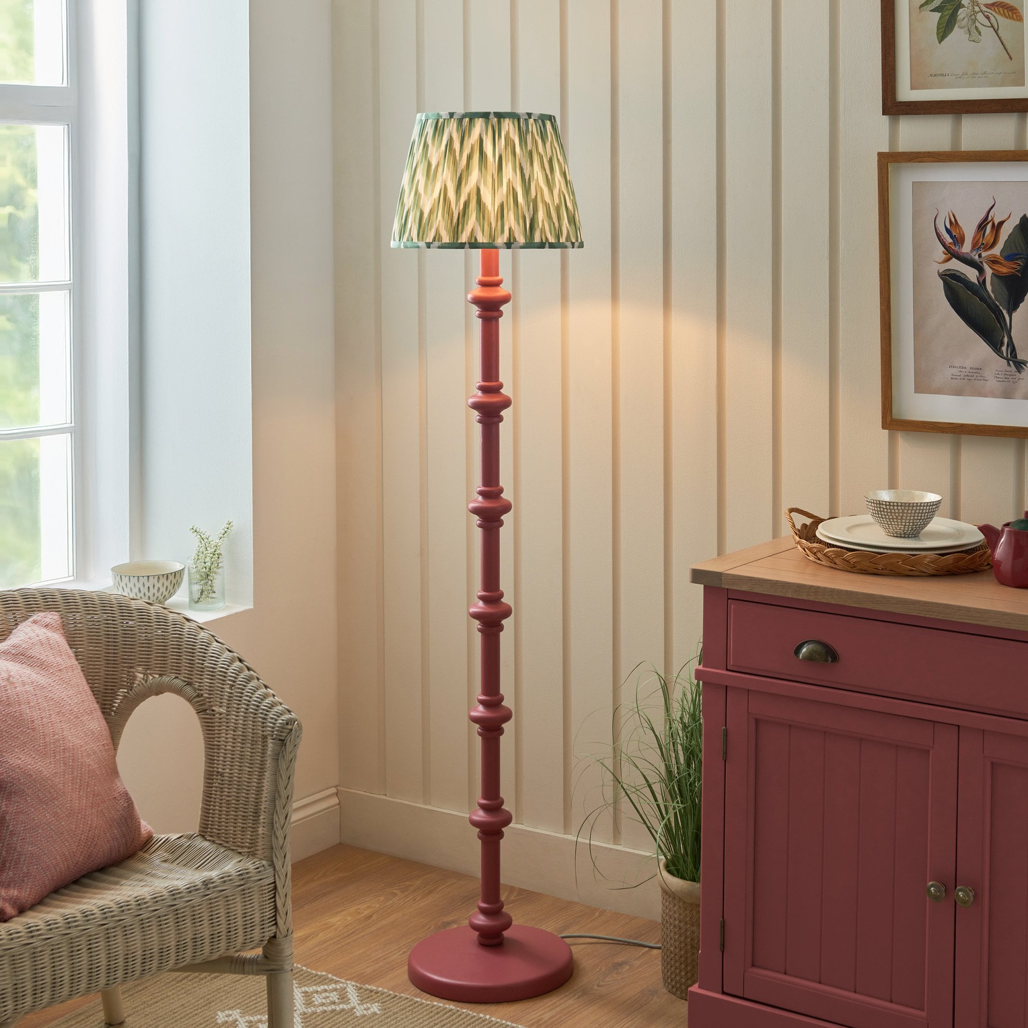 Endon Carnaby Satin Pink Clay Floor Lamp & Zigzag 35cm Cotswold Green Shade