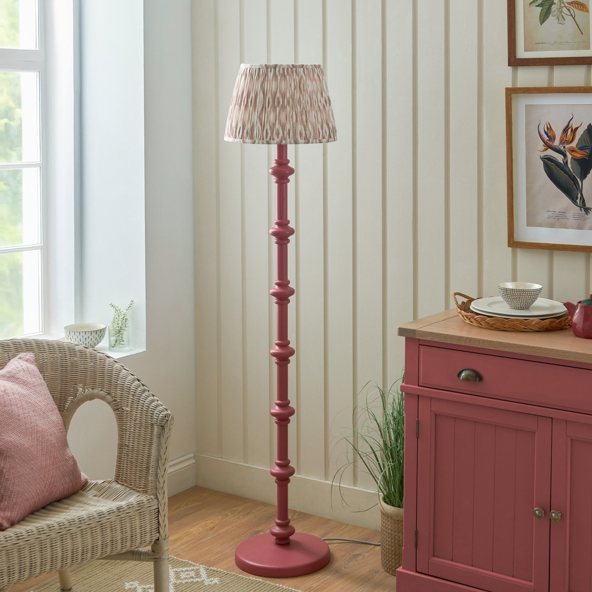 Endon Carnaby Satin Pink Clay Floor Lamp & Ikat 35cm Neutral Shade