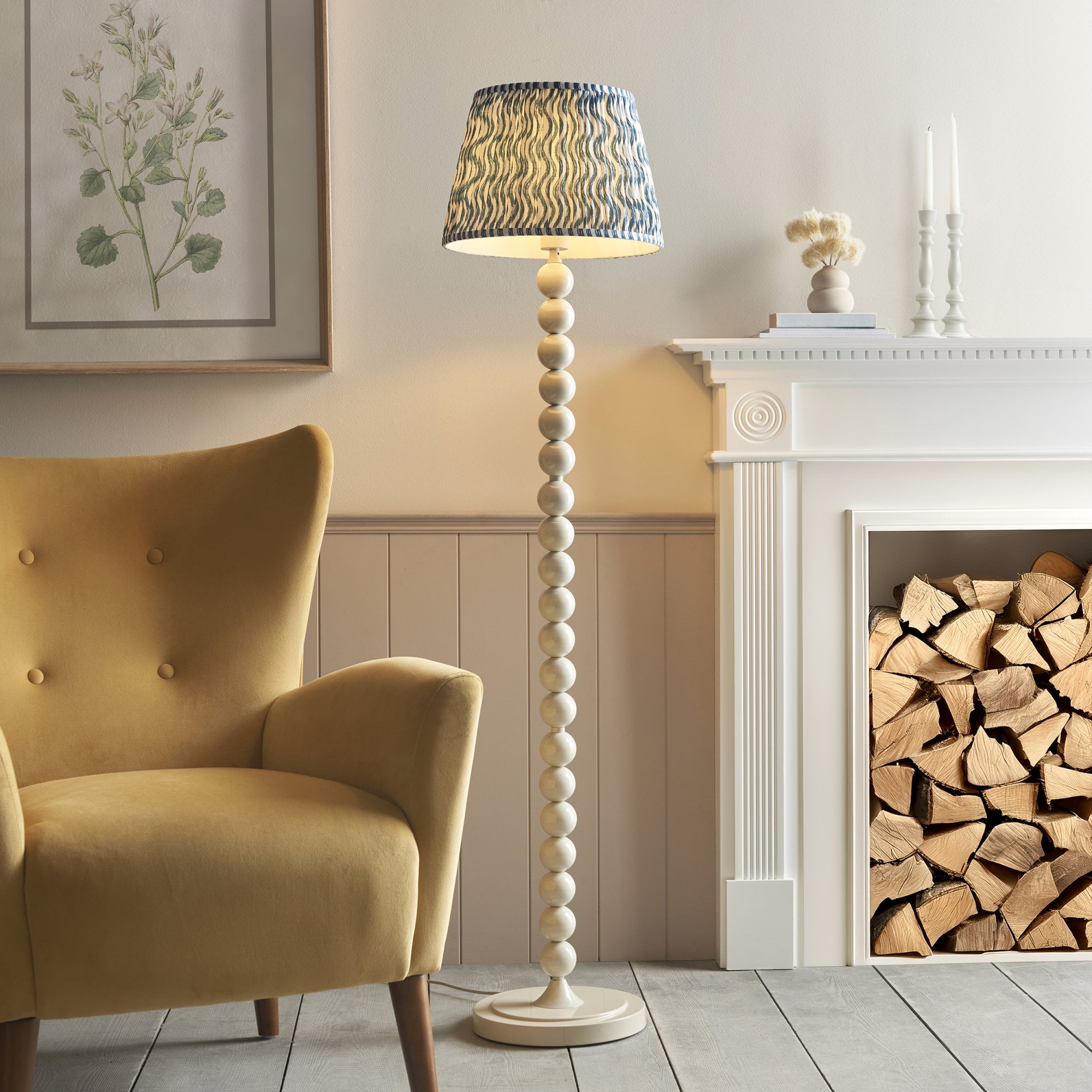 Endon Higgledy Gloss Almond White Floor Lamp & Ripple 35cm Marlin Blue Shade