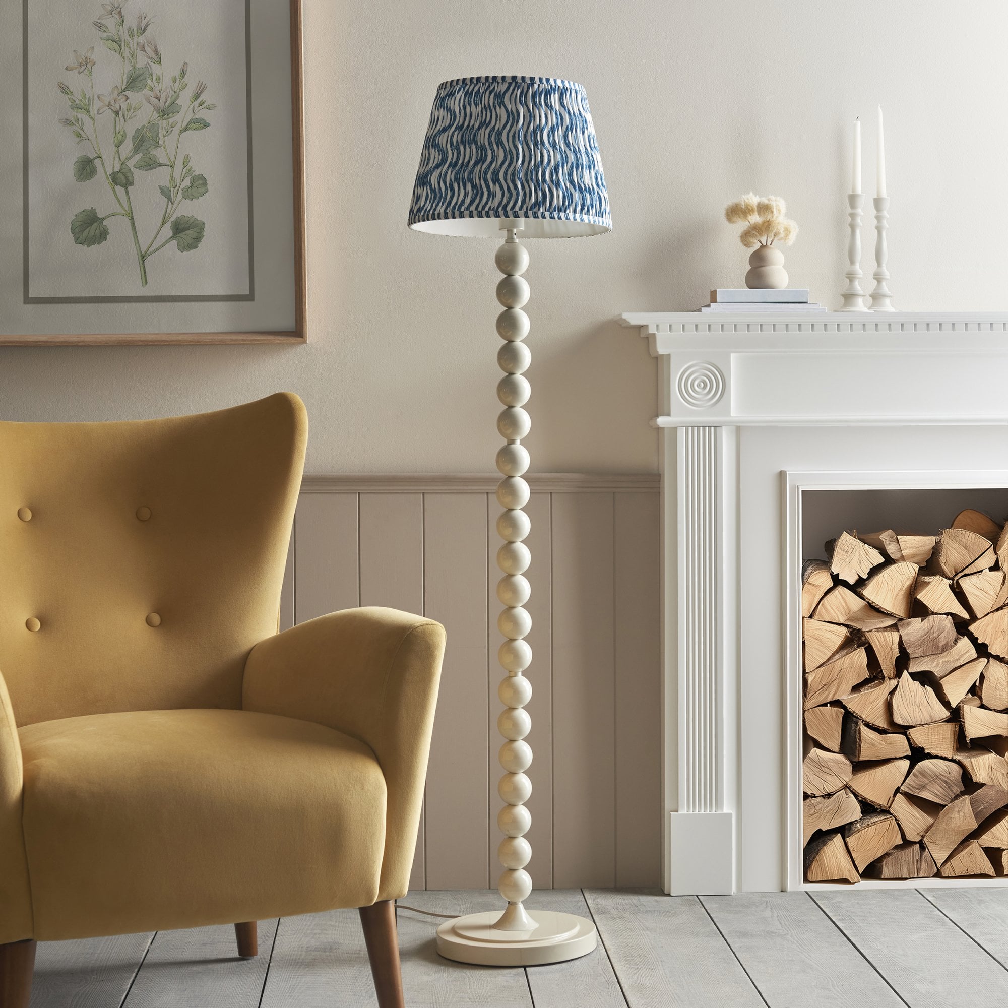 Endon Higgledy Gloss Almond White Floor Lamp & Ripple 35cm Marlin Blue Shade