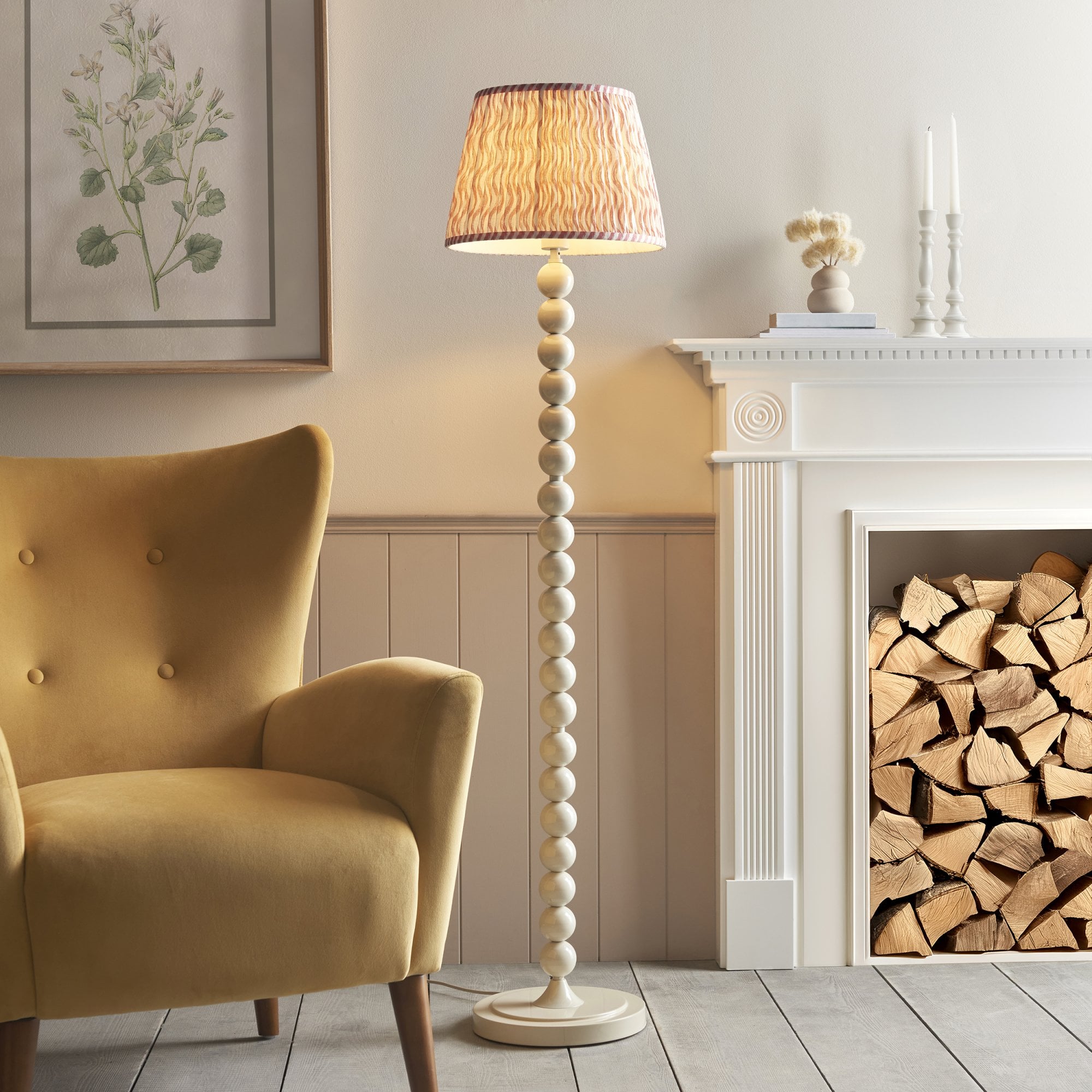 Endon Higgledy Gloss Almond White Floor Lamp & Ripple 35cm Coral Pink Shade