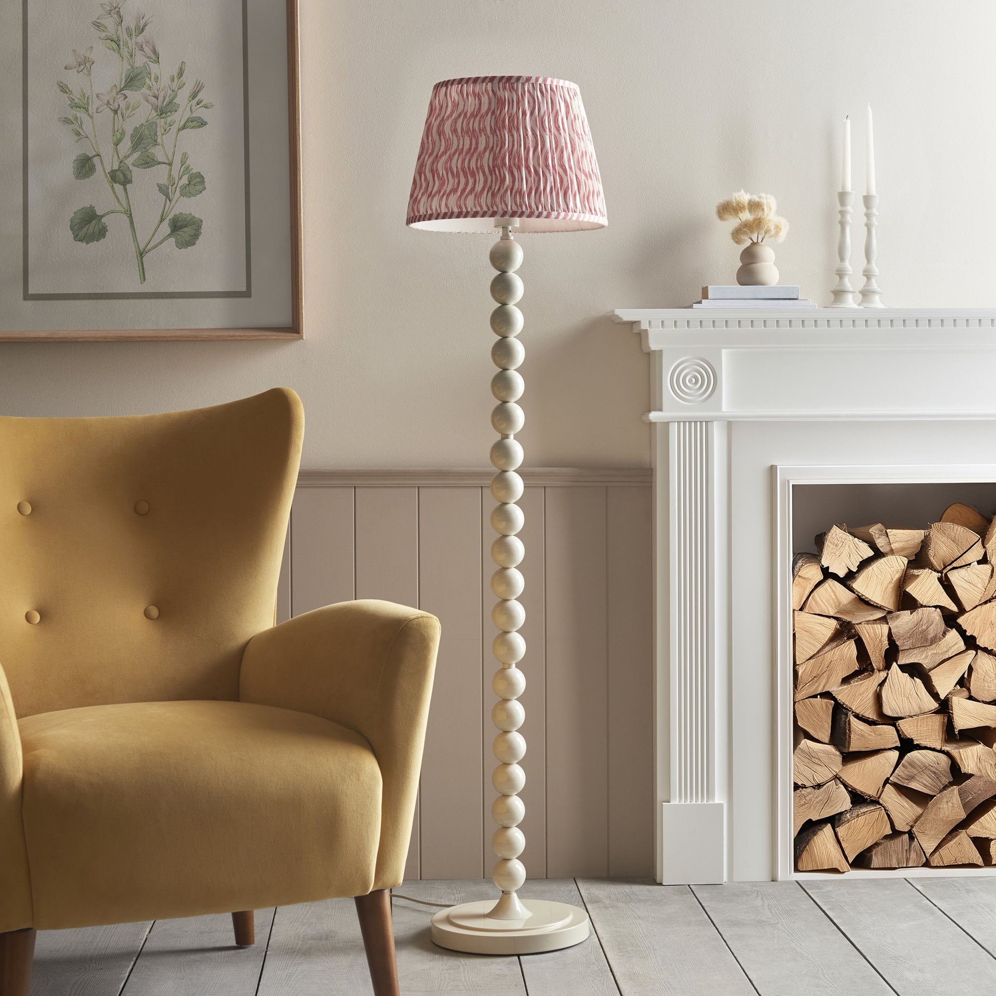 Endon Higgledy Gloss Almond White Floor Lamp & Ripple 35cm Coral Pink Shade