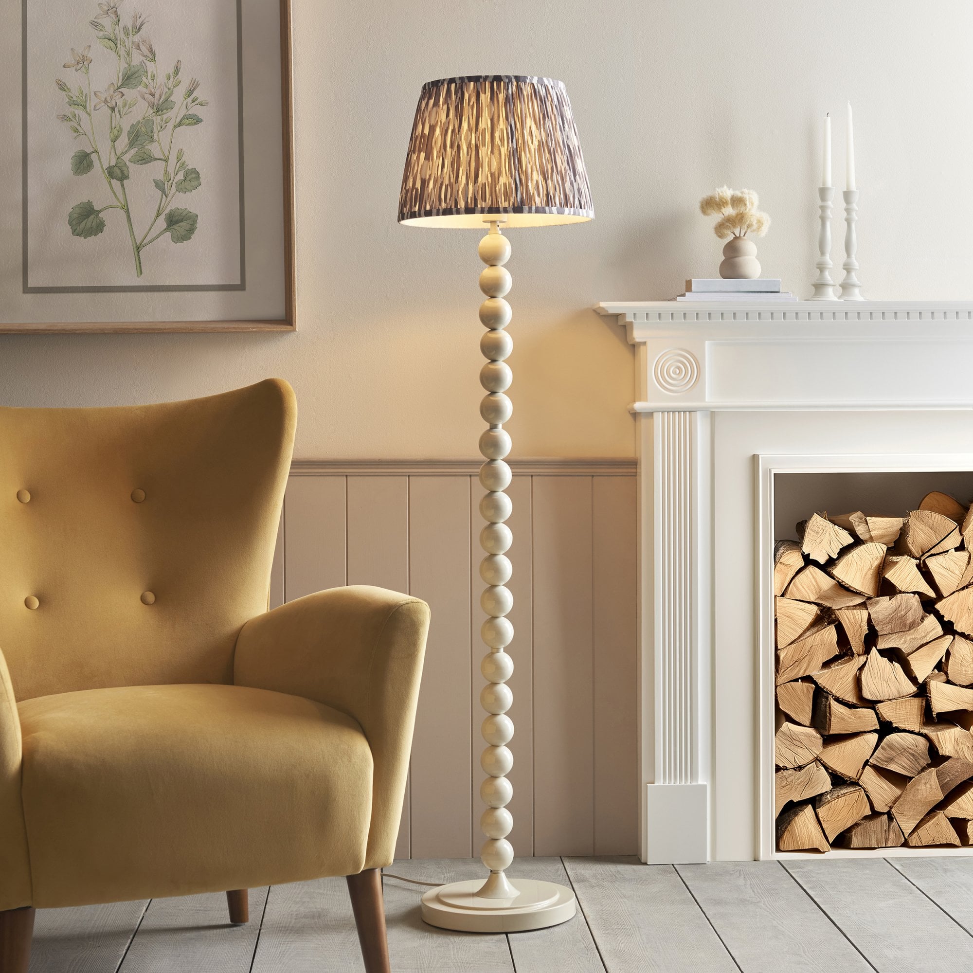 Endon Higgledy Gloss Almond White Floor Lamp & Ikat 35cm Pearl Grey Shade