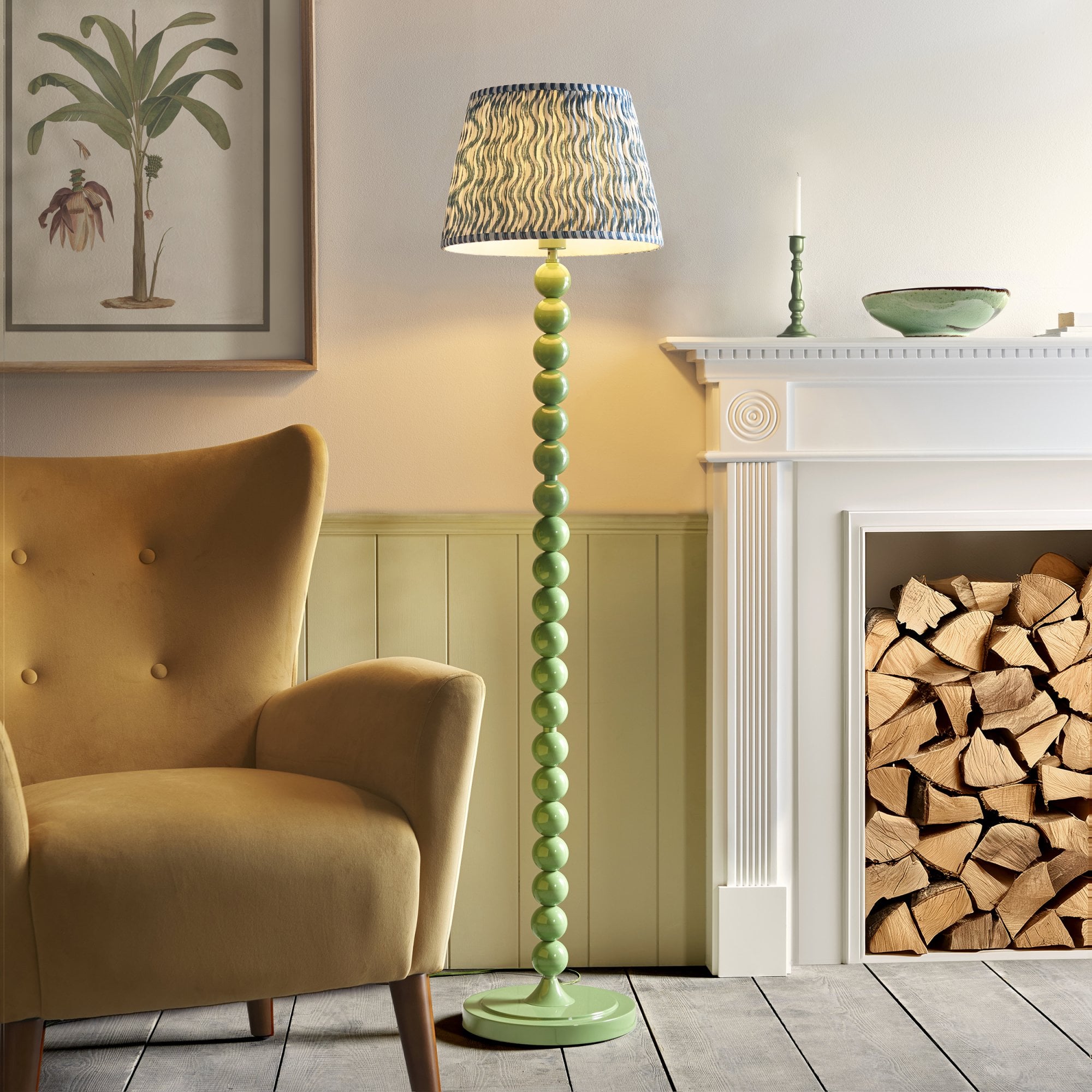 Endon Higgledy Gloss Cotswold Green Floor Lamp & Ripple 35cm Marlin Blue Shade