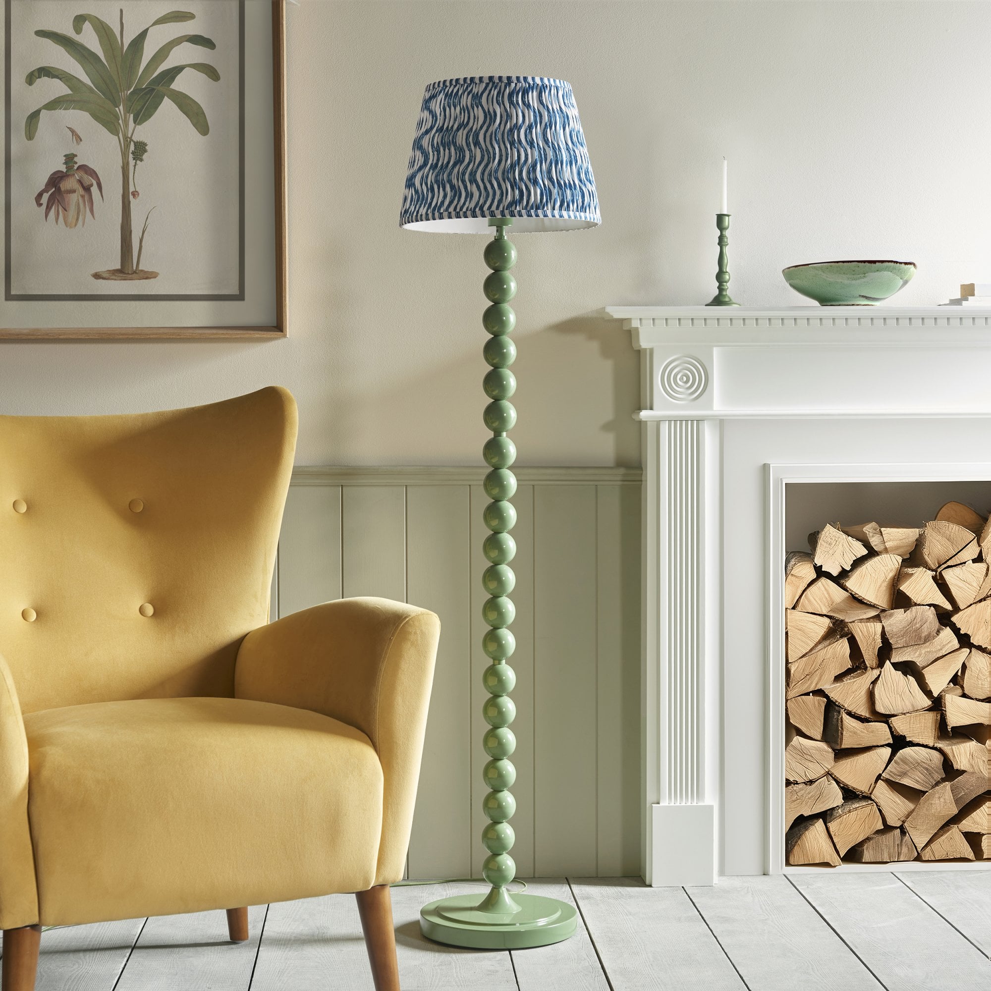 Endon Higgledy Gloss Cotswold Green Floor Lamp & Ripple 35cm Marlin Blue Shade