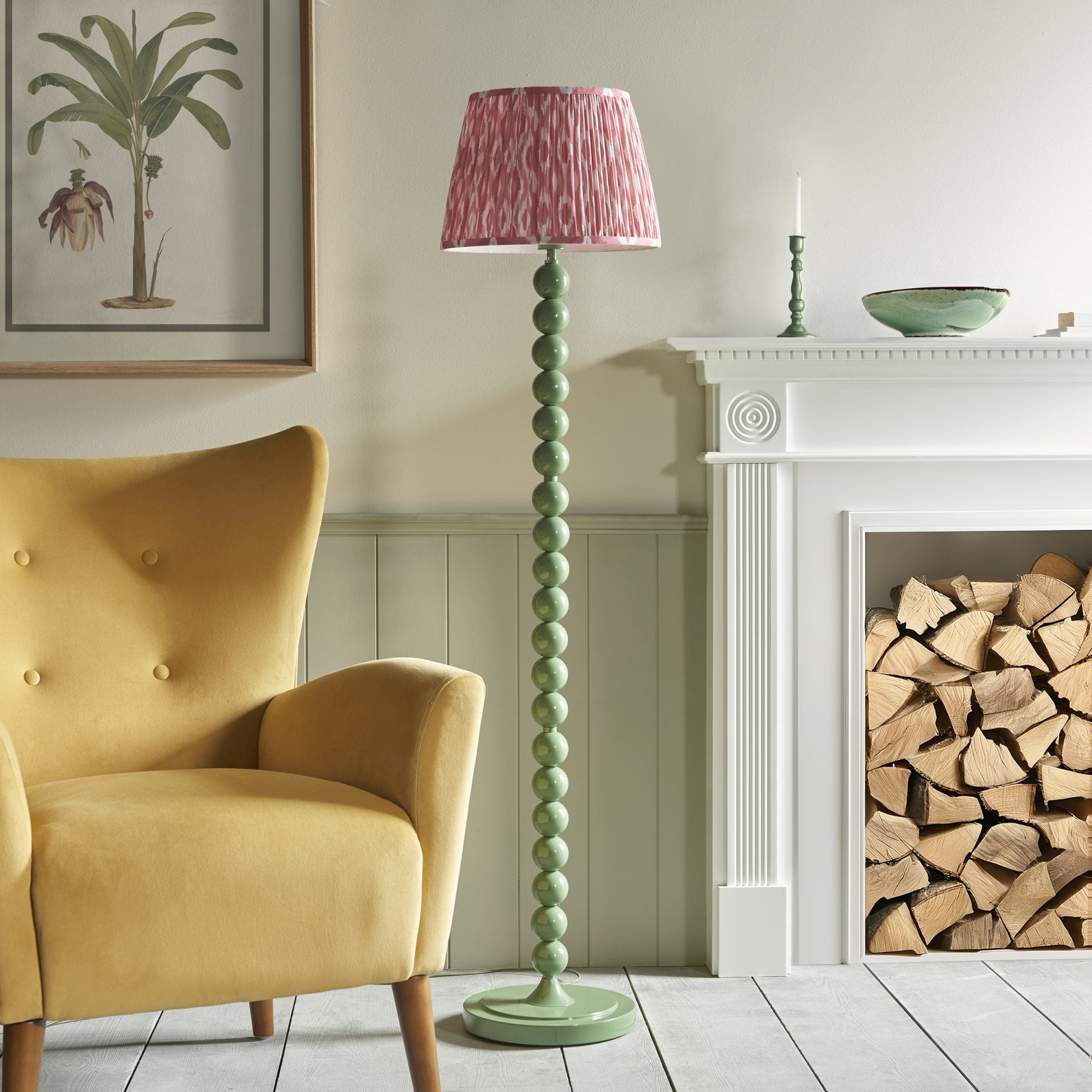 Endon Higgledy Gloss Cotswold Green Floor Lamp & Ikat 35cm Coral Pink Shade