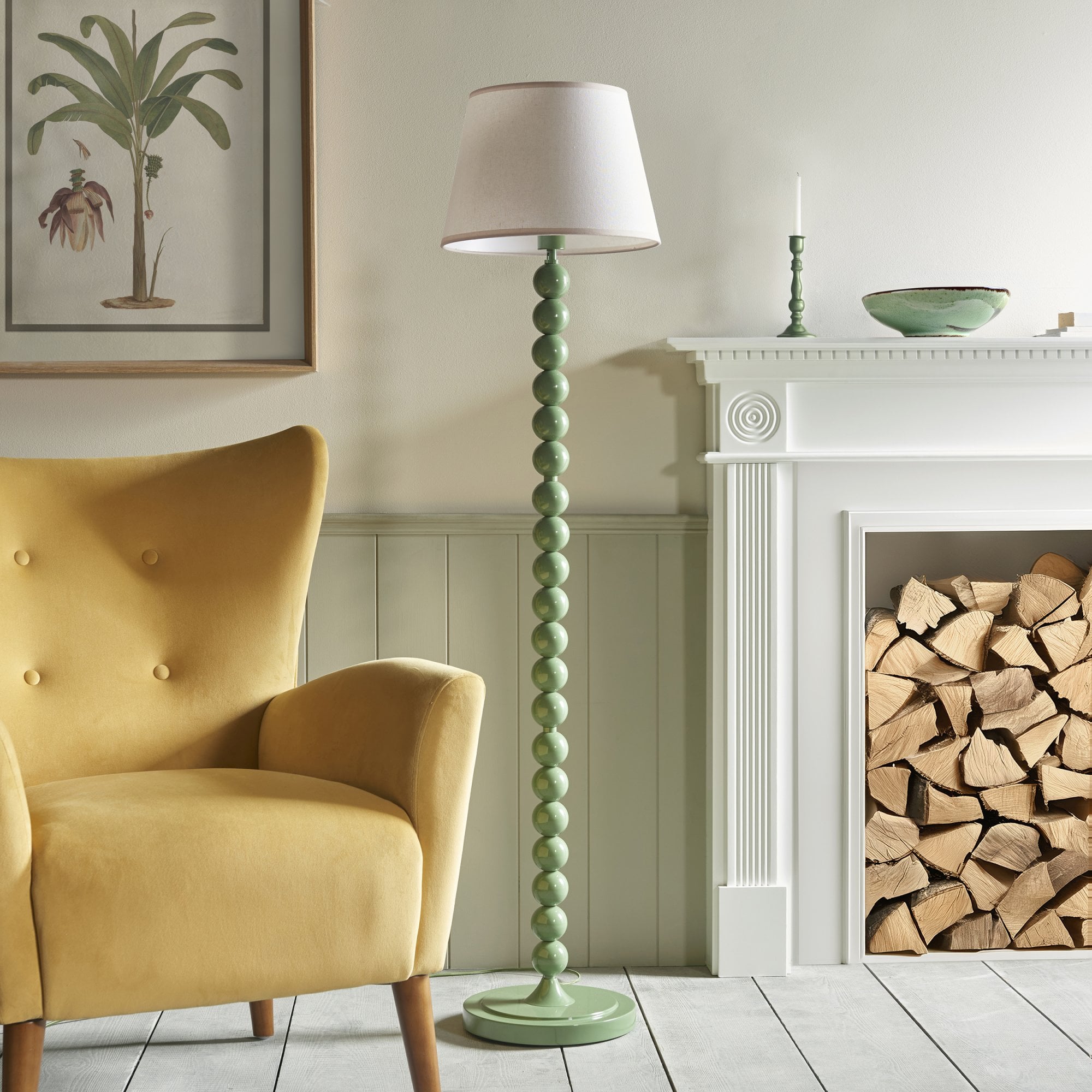 Endon Higgledy Gloss Cotswold Green Floor Lamp & Ivy 35cm Vintage White Shade