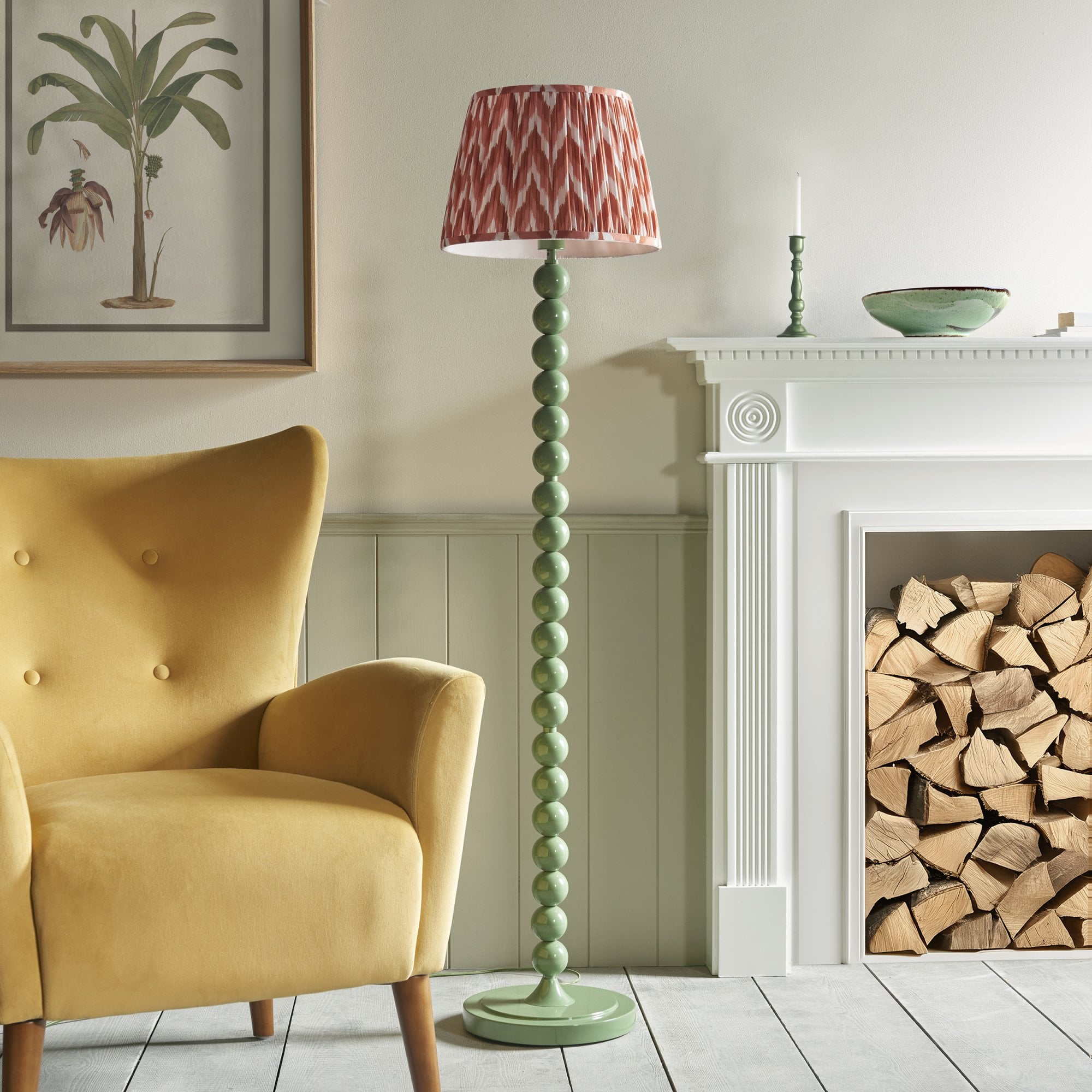 Endon Higgledy Gloss Cotswold Green Floor Lamp & Zigzag 35cm Apricot Orange Shade