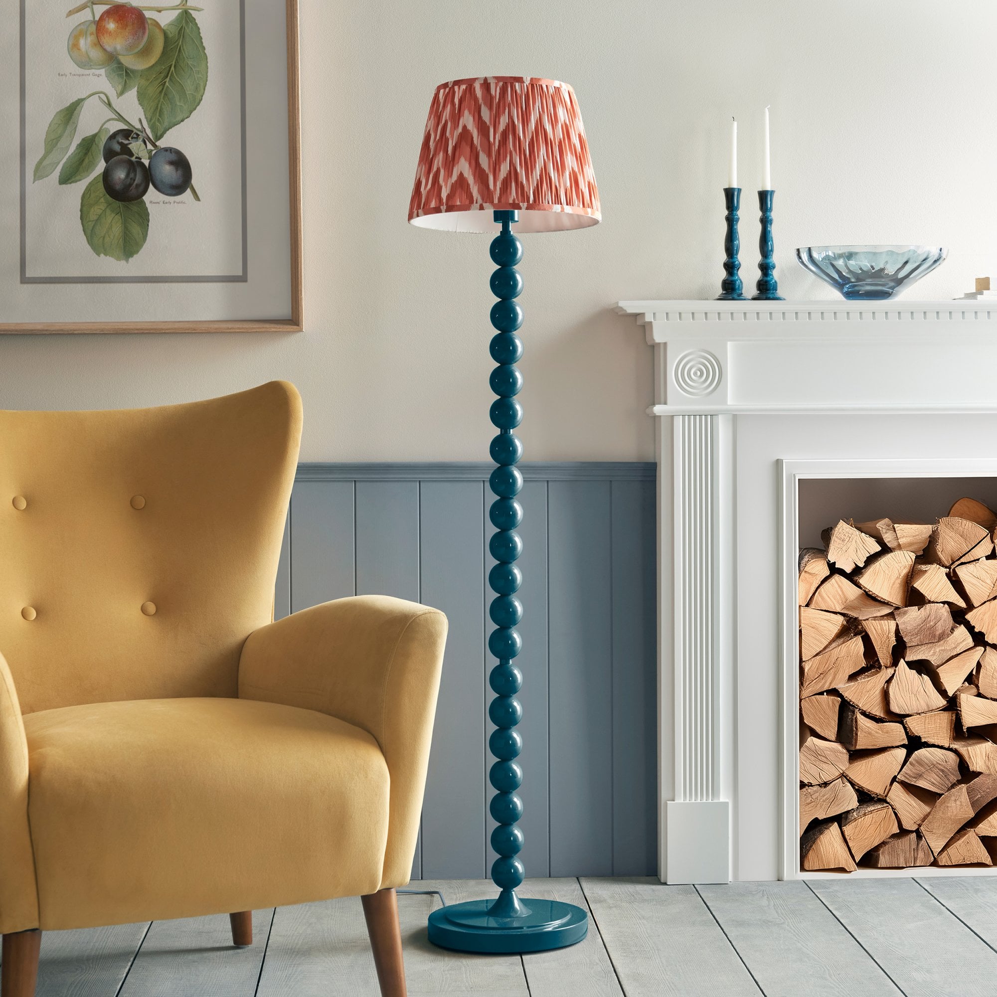 Endon Higgledy Gloss Marlin Blue Floor Lamp & Zigzag 35cm Apricot Orange Shade