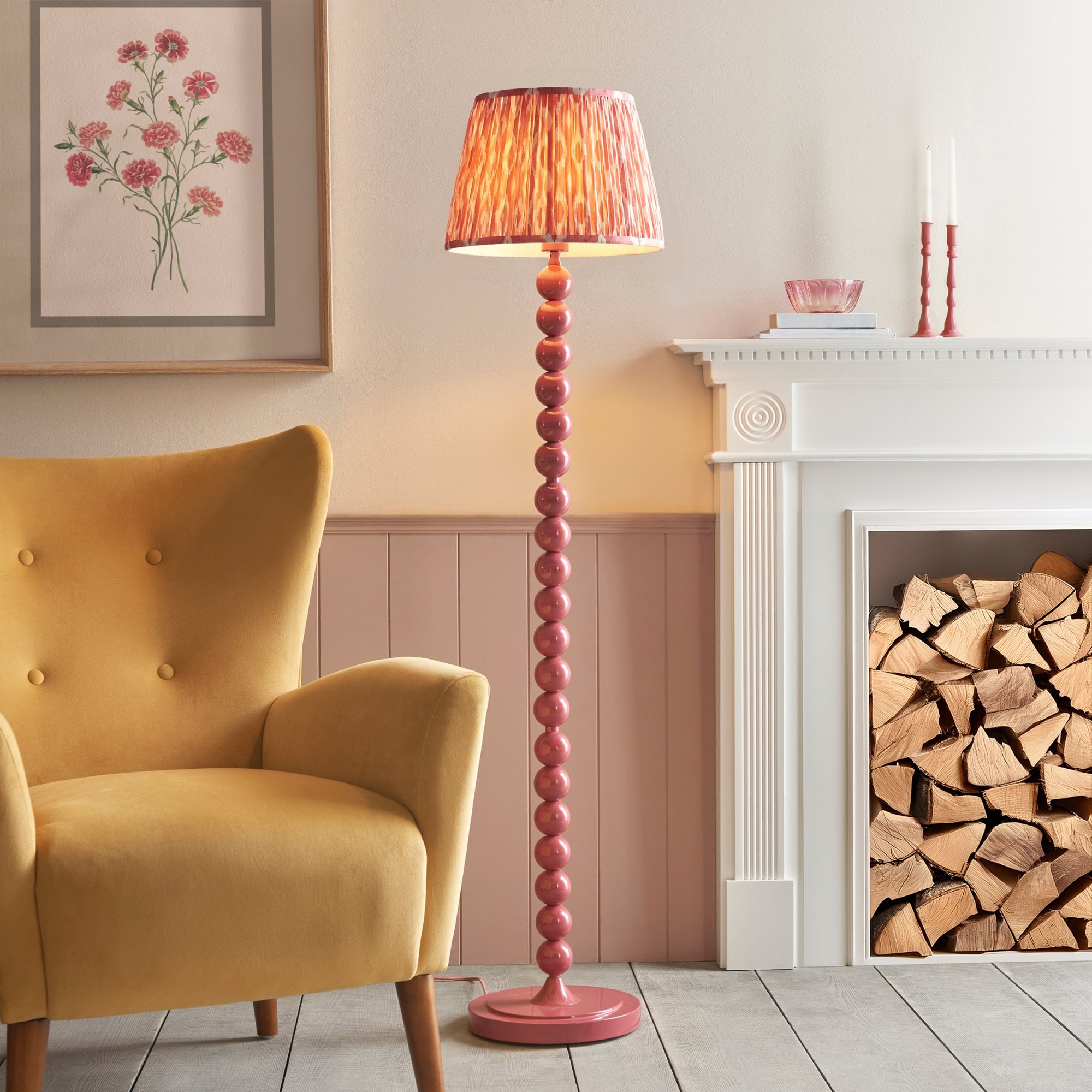 Endon Higgledy Gloss Pink Clay Floor Lamp & Ikat 35cm Coral Pink Shade