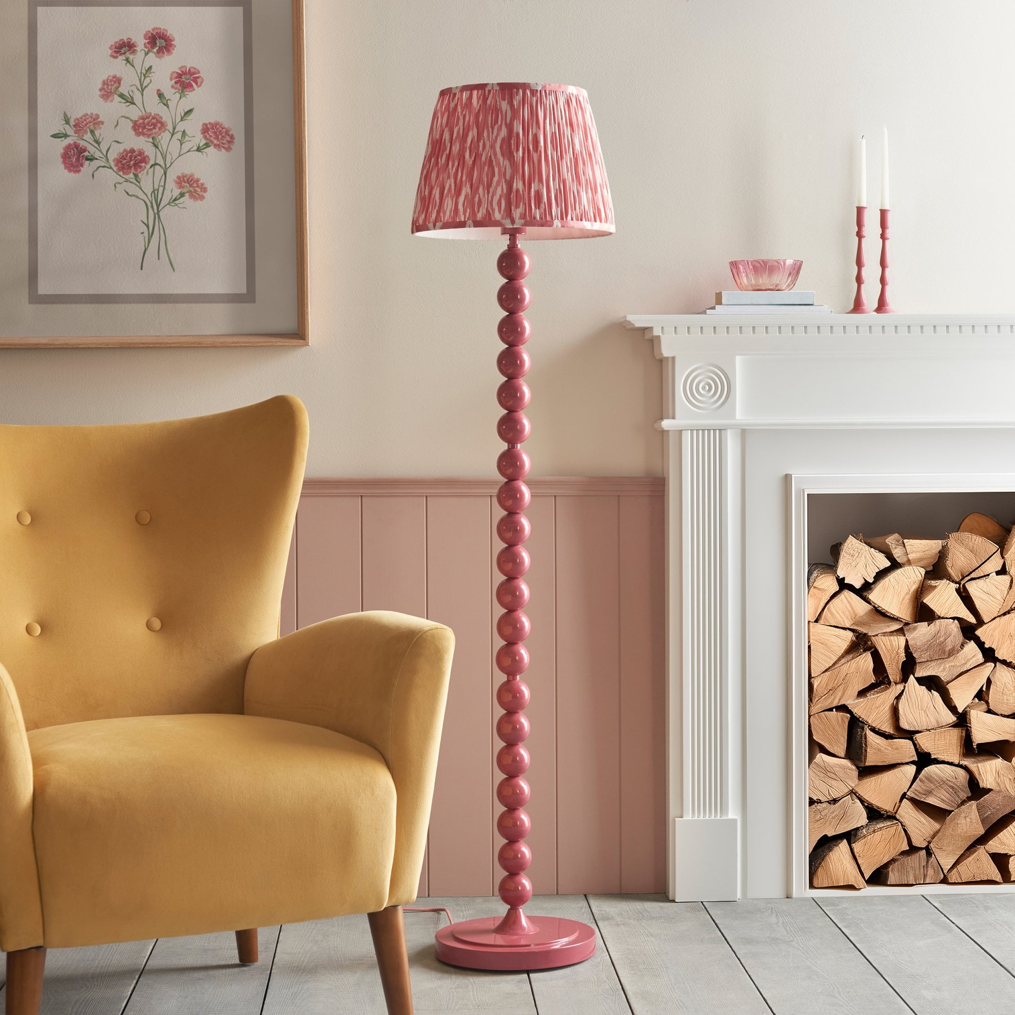 Endon Higgledy Gloss Pink Clay Floor Lamp & Ikat 35cm Coral Pink Shade