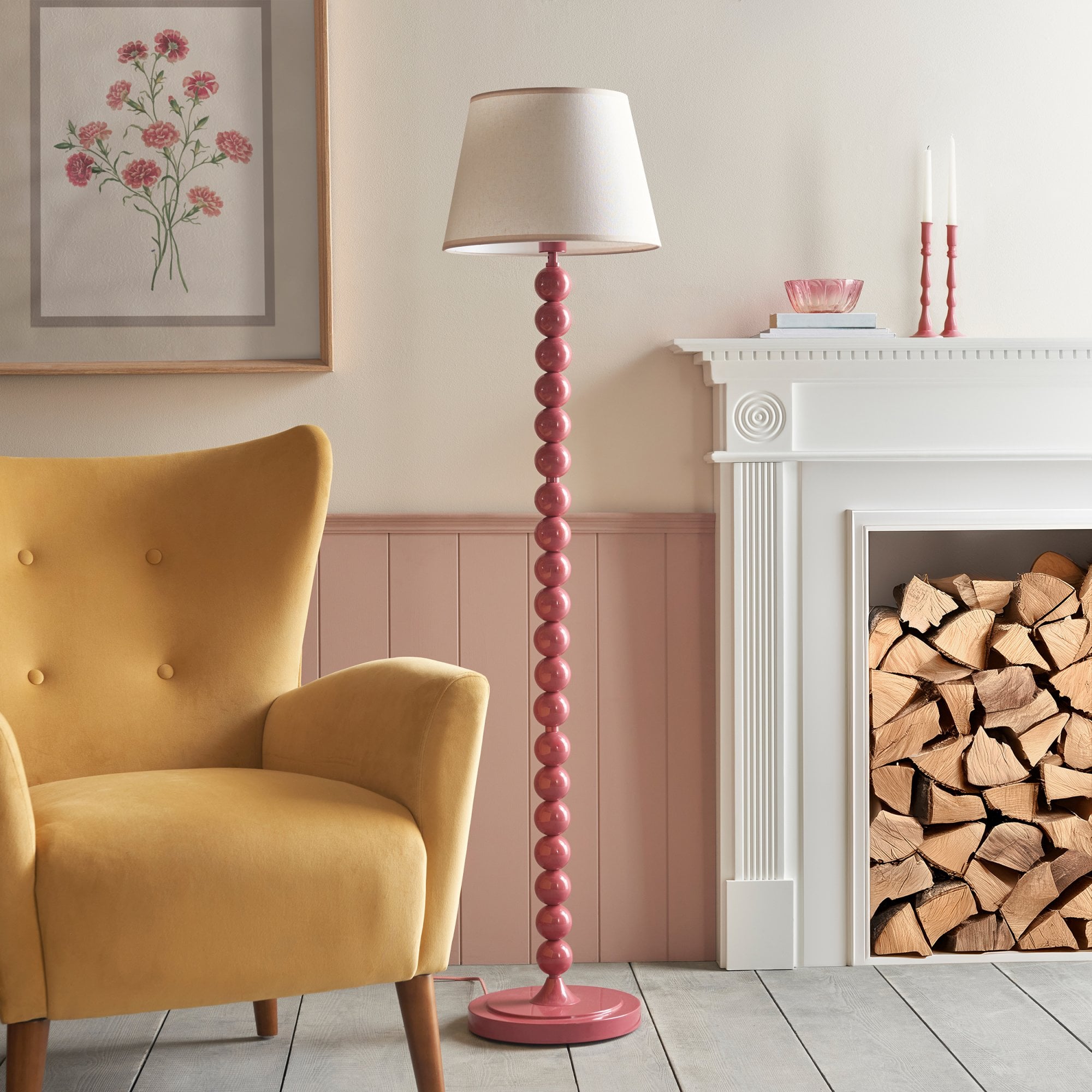 Endon Higgledy Floor Gloss Pink Clay Lamp & Ivy 35cm Vintage White Shade