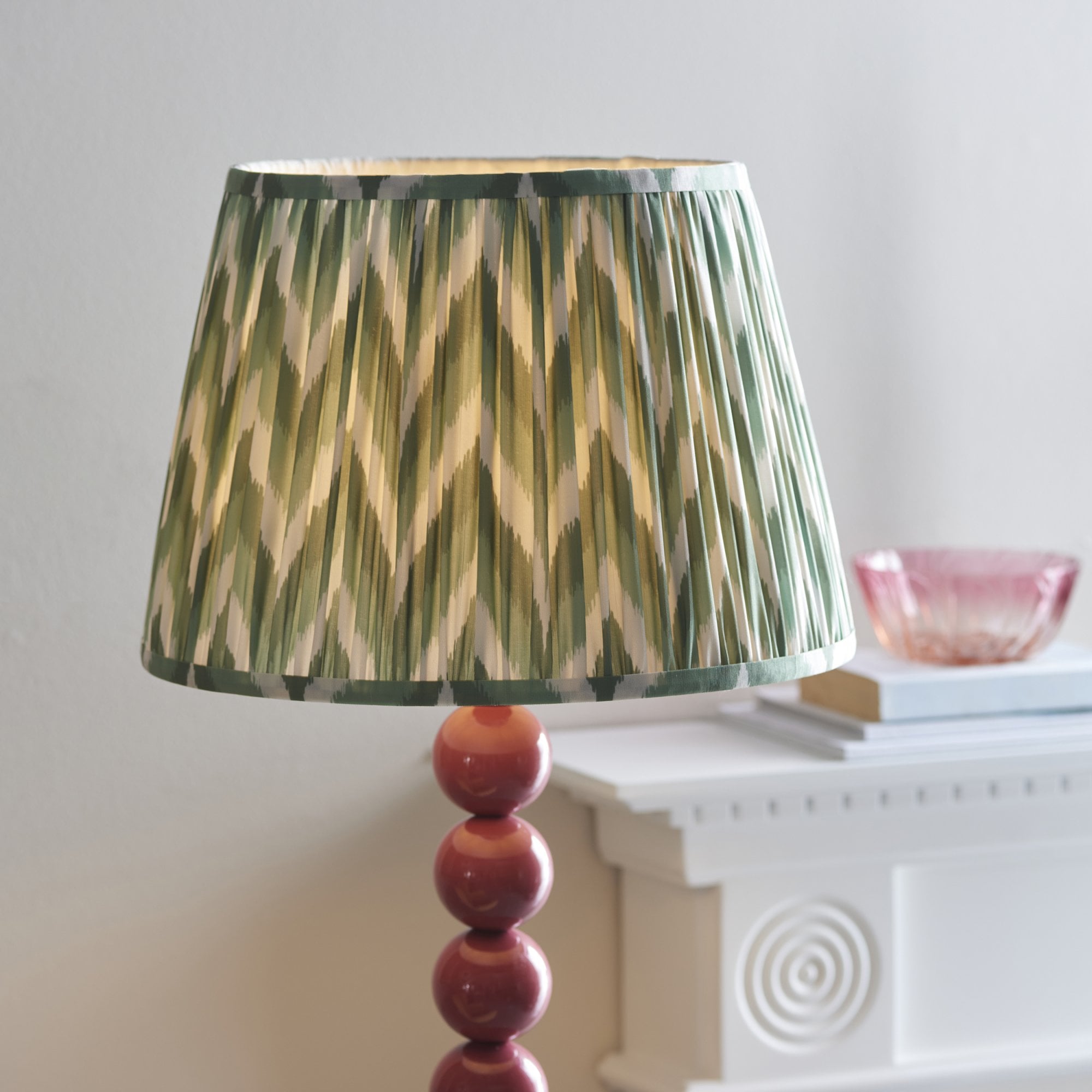 Endon Higgledy Gloss Pink Clay Floor Lamp & Zigzag 35cm Cotswold Green Shade
