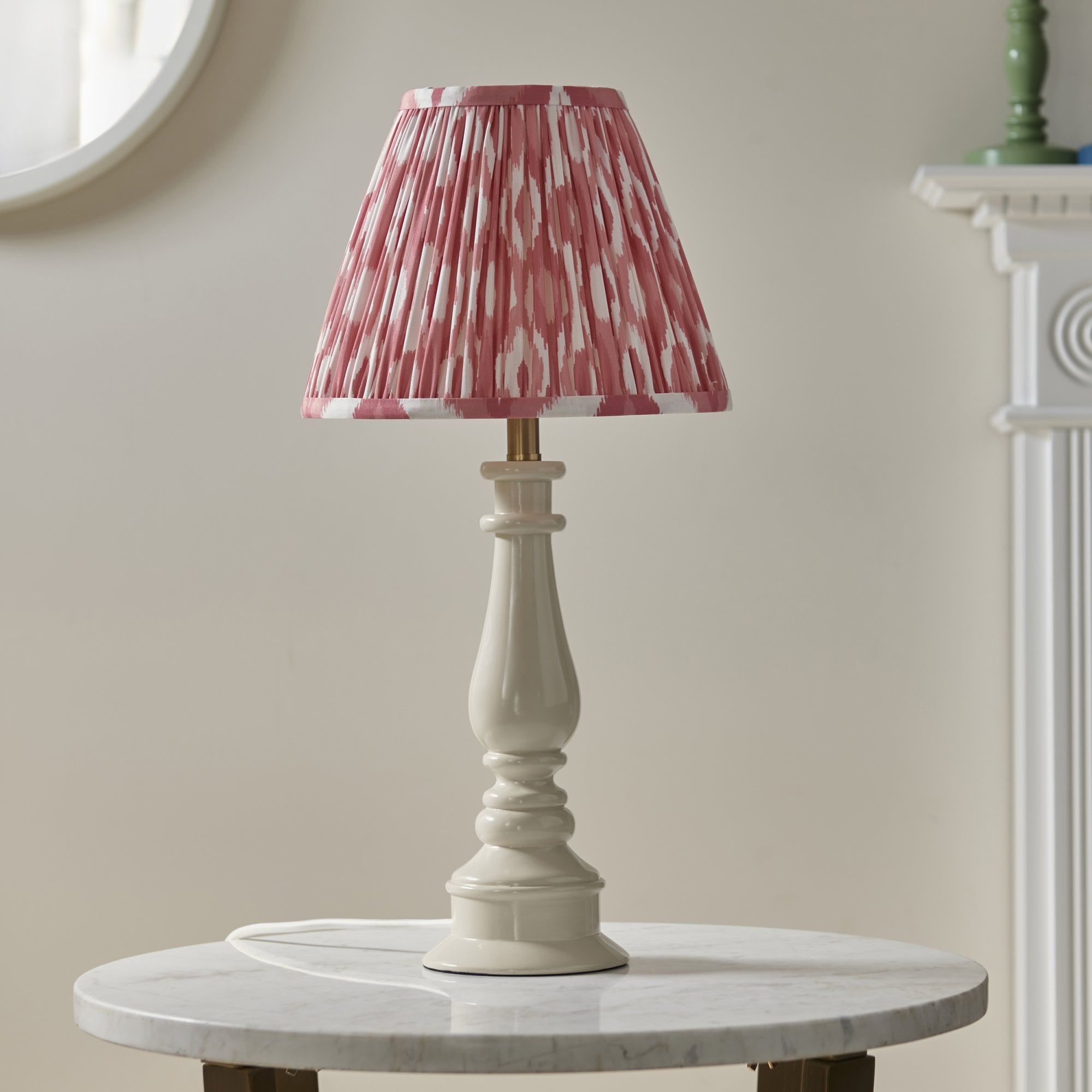 Endon Myrtle Gloss Almond White Table Lamp & Ikat 25cm Coral Pink Shade