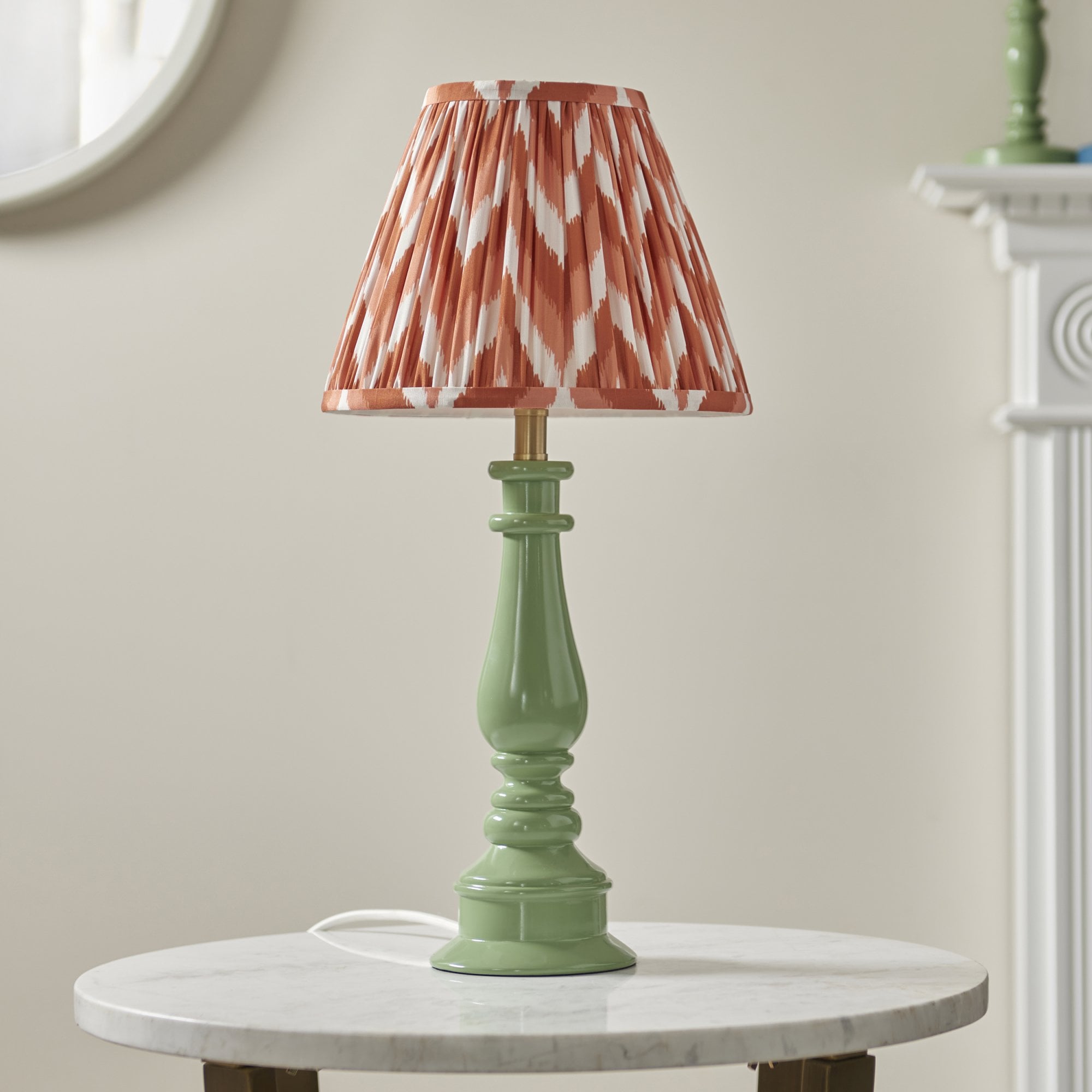Endon Myrtle Gloss Cotswold Green Table Lamp & Zigzag 25cm Apricot Orange Shade