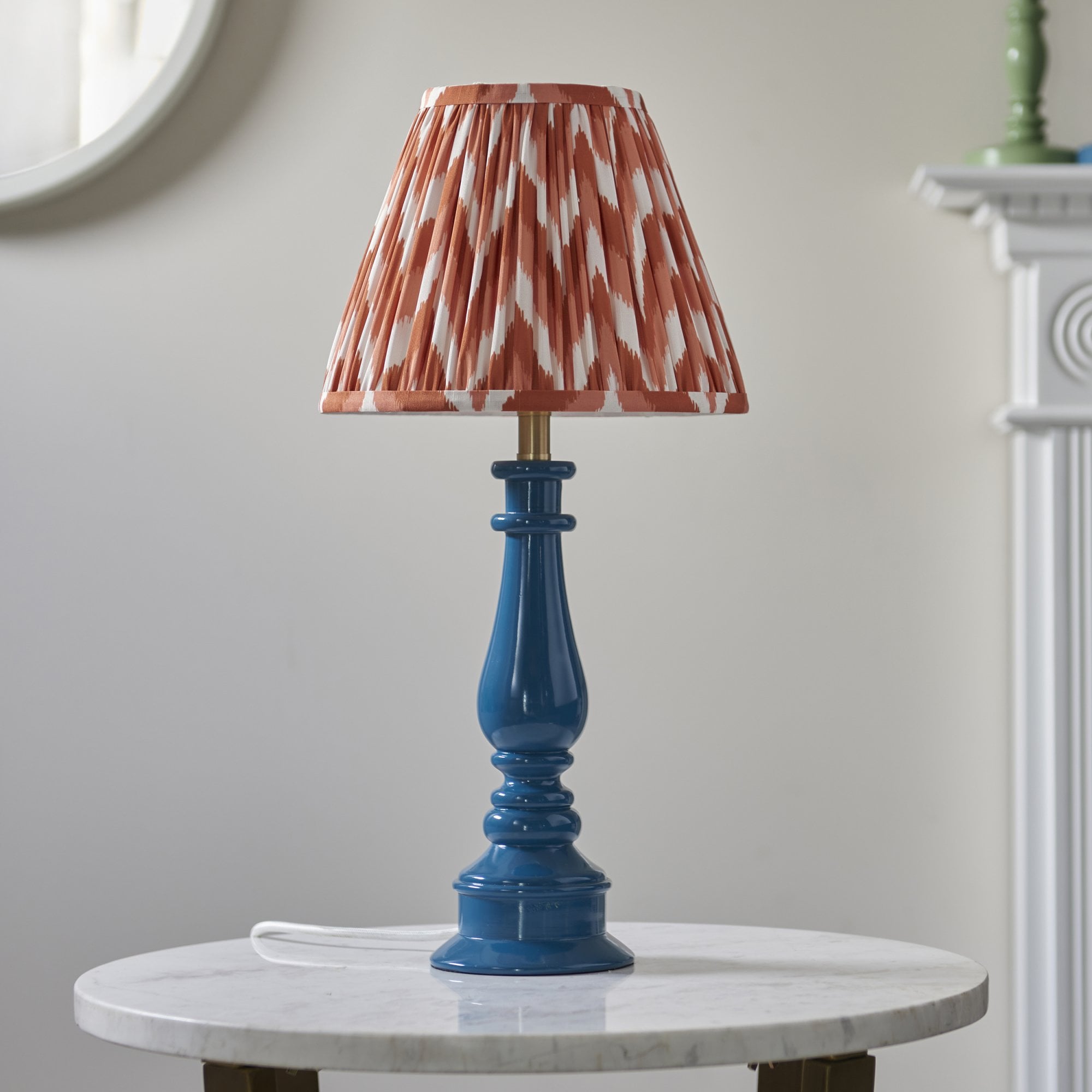 Endon Myrtle Gloss Marlin Blue Table Lamp & Zigzag 25cm Apricot Orange Shade