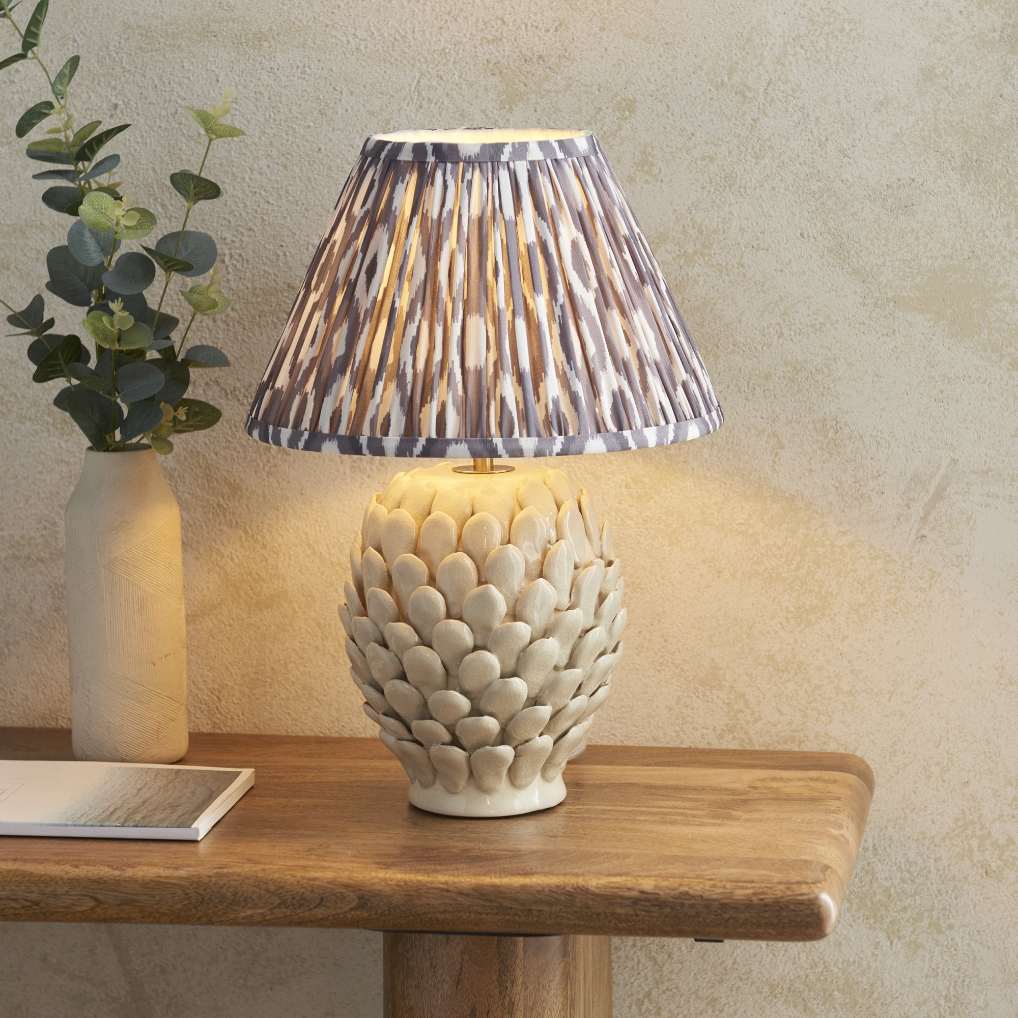 Endon Layered Leaf Ivory Crackle Glaze Ceramic Table Lamp & Ikat 30cm Pearl Grey Shade