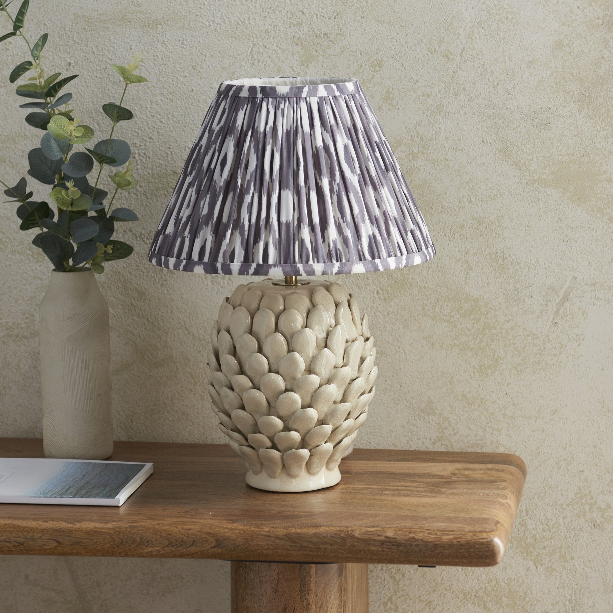 Endon Layered Leaf Ivory Crackle Glaze Ceramic Table Lamp & Ikat 30cm Pearl Grey Shade