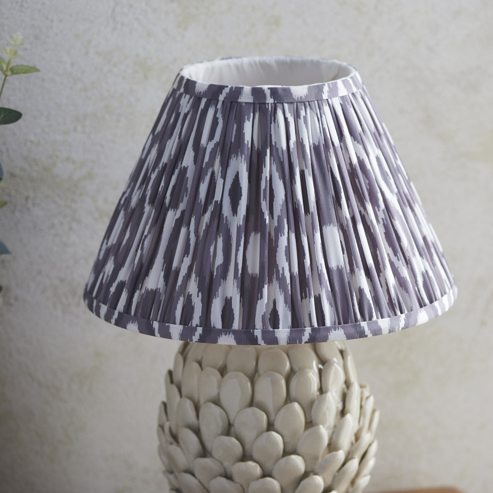 Endon Layered Leaf Ivory Crackle Glaze Ceramic Table Lamp & Ikat 30cm Pearl Grey Shade