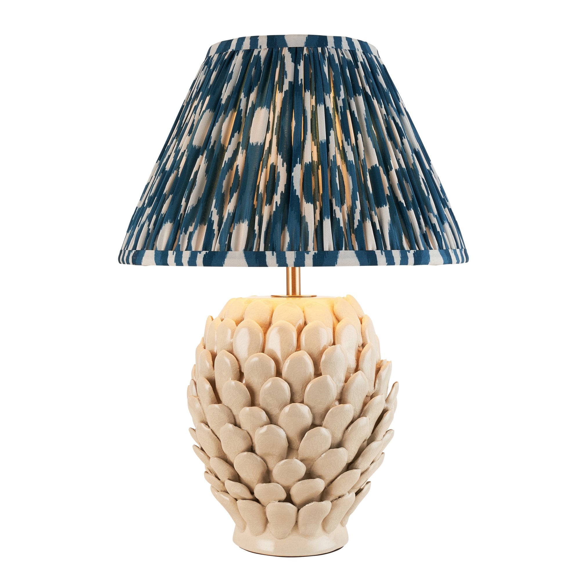 Endon Layered Leaf Ivory Crackle Glaze Ceramic Table Lamp & Ikat 30cm Marlin Blue Shade