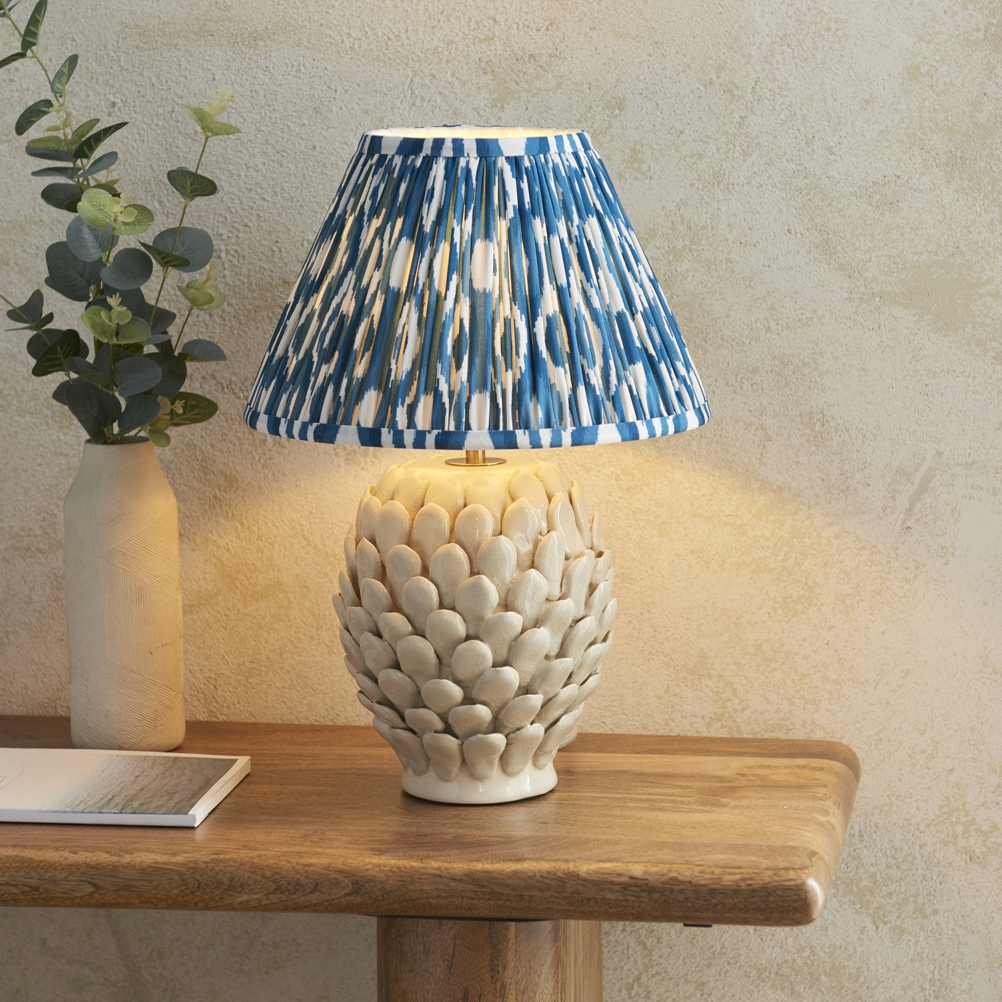 Endon Layered Leaf Ivory Crackle Glaze Ceramic Table Lamp & Ikat 30cm Marlin Blue Shade