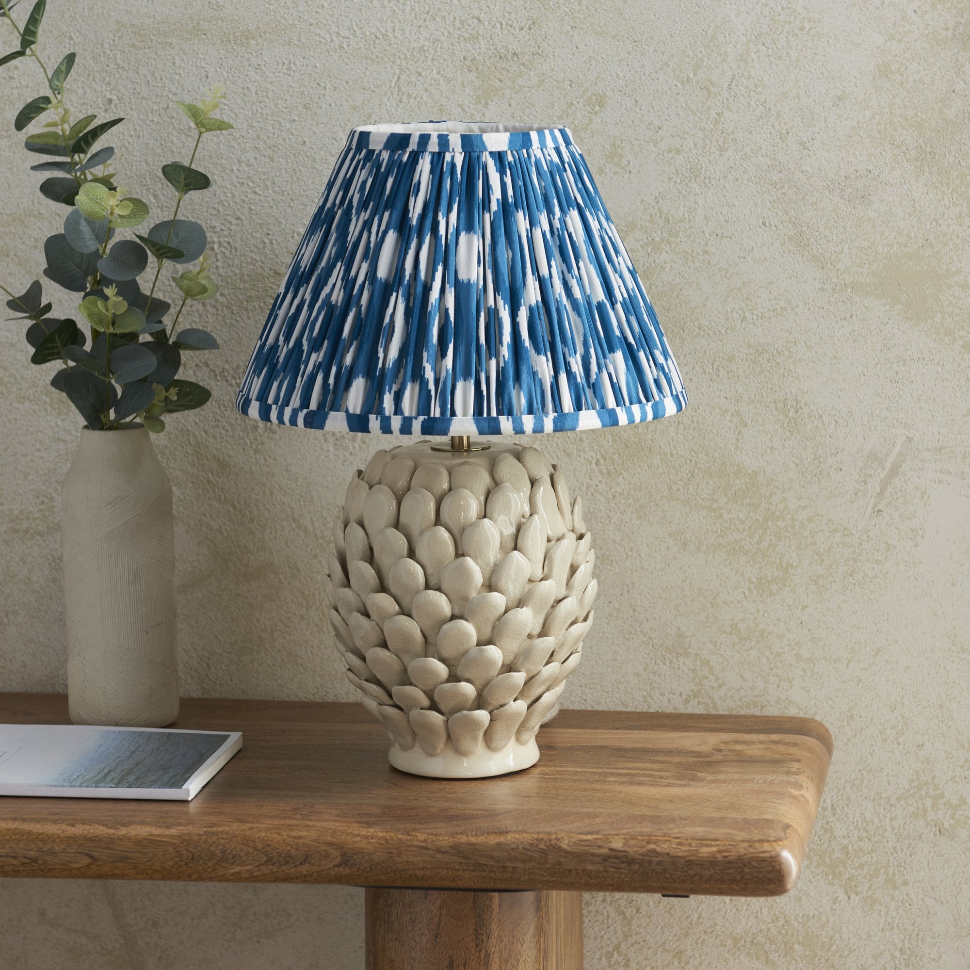 Endon Layered Leaf Ivory Crackle Glaze Ceramic Table Lamp & Ikat 30cm Marlin Blue Shade