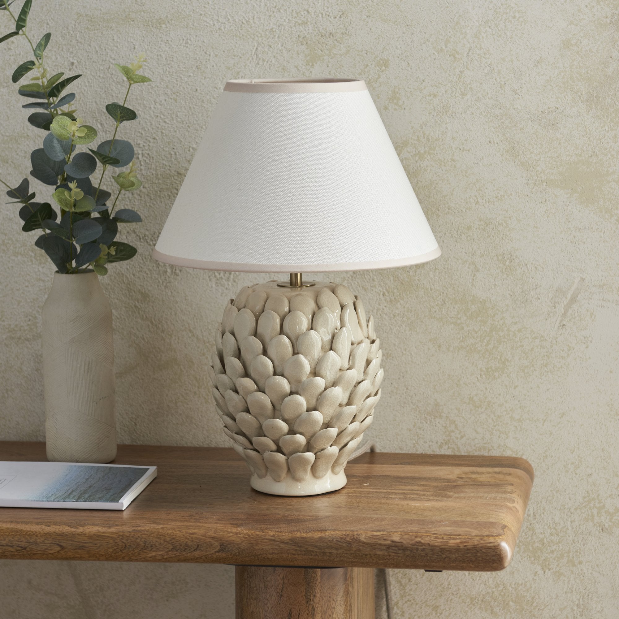 Endon Layered Leaf Ivory Crackle Glaze Ceramic Table Lamp & Ivy 30cm Vintage White Shade